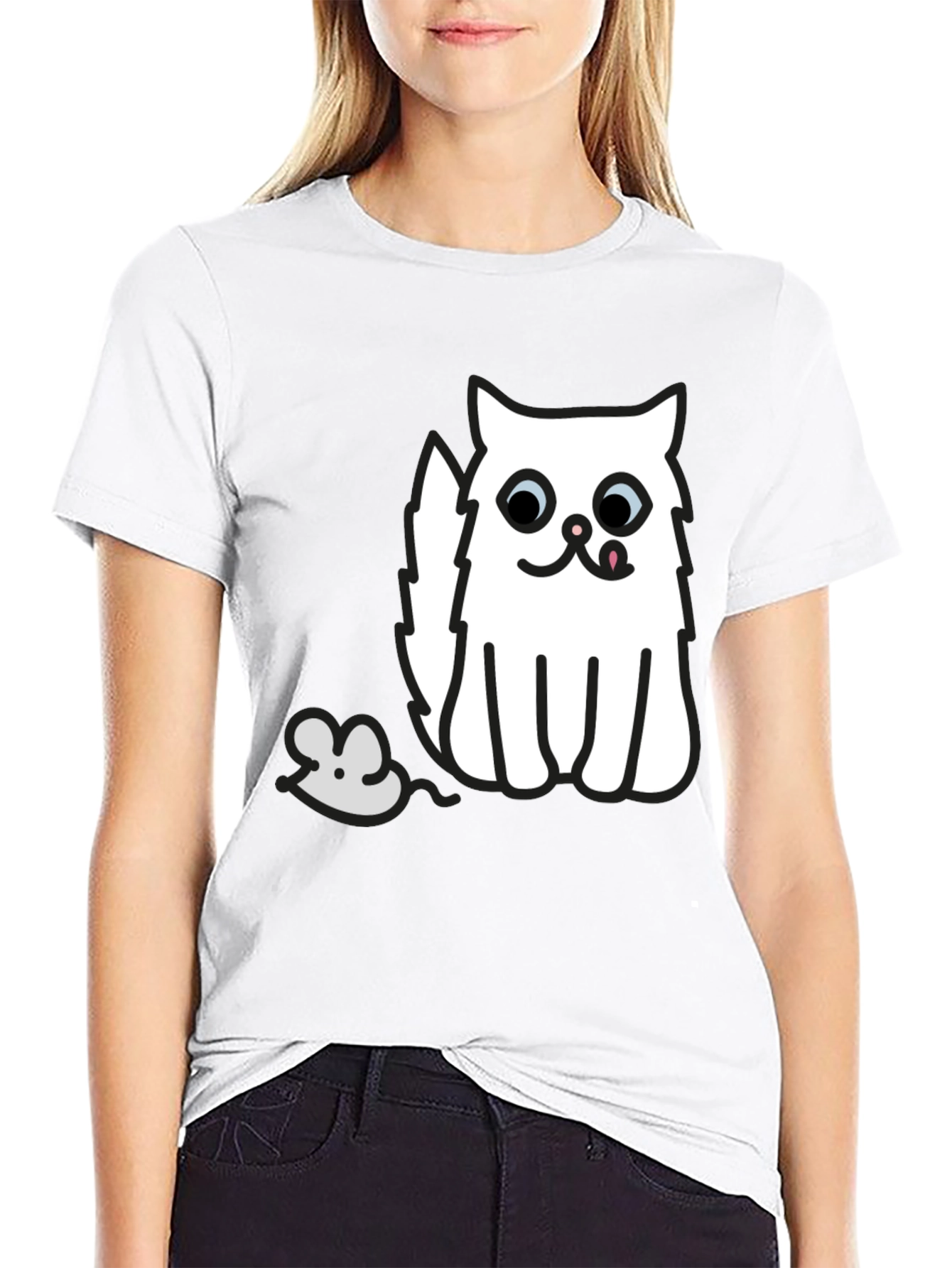 Black T-Shirt with Cat and Mouse Graphic