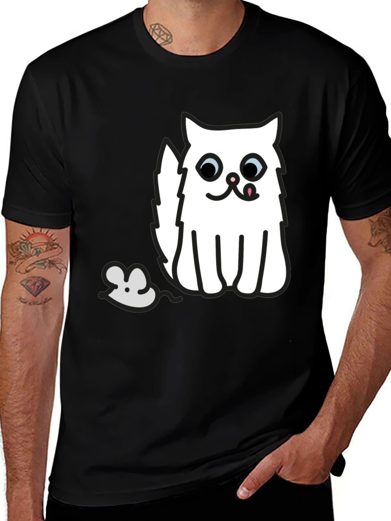 Black T-Shirt with Cat and Mouse Graphic