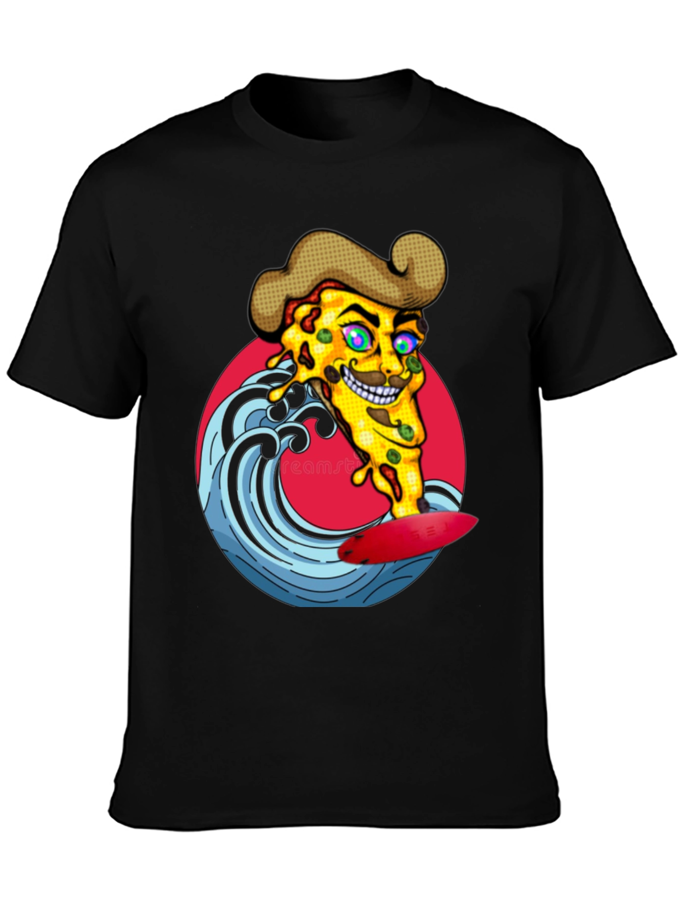 Pizza Surfer Graphic Tee - Black Cotton T-Shirt