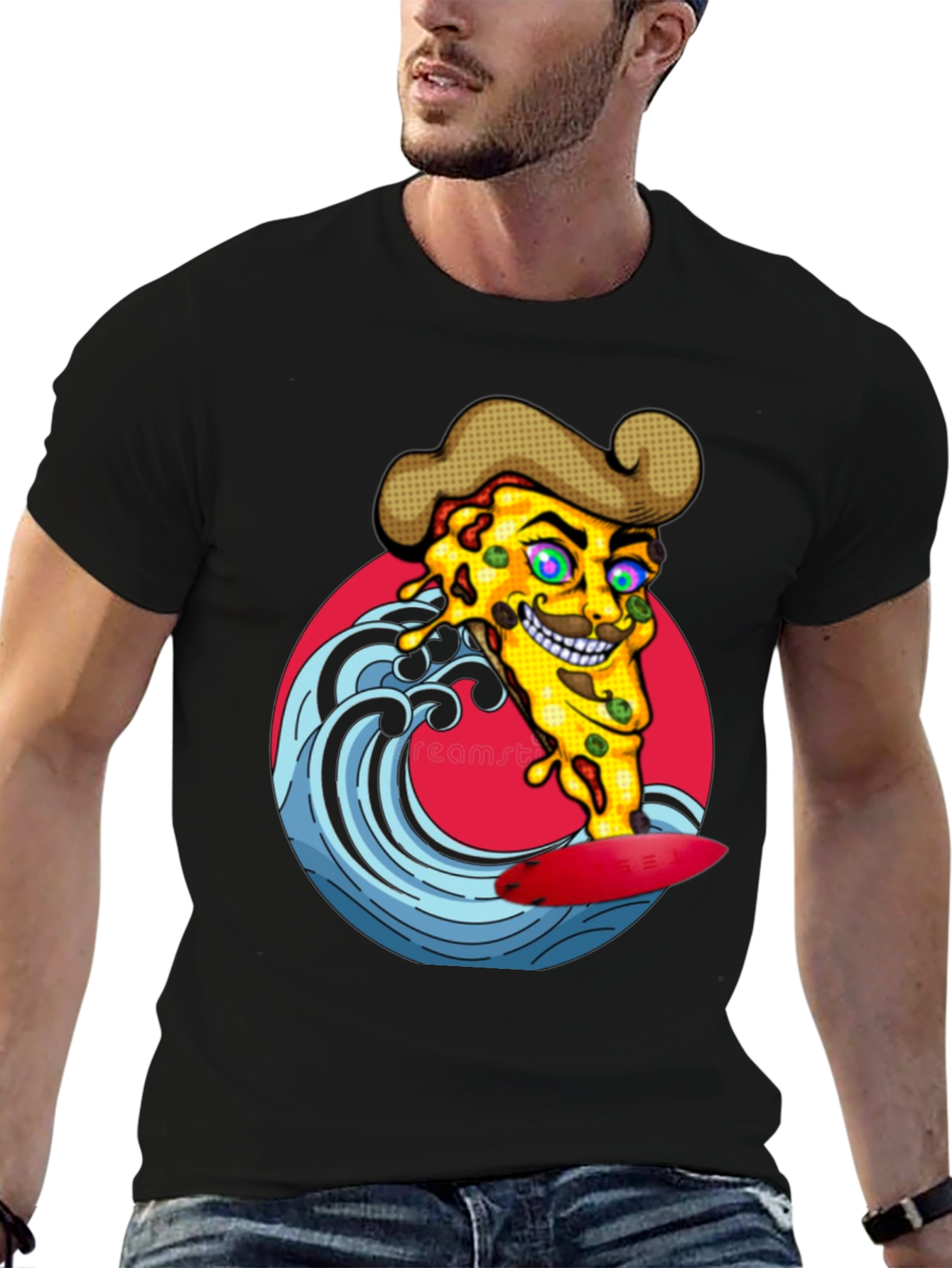 Pizza Surfer Graphic Tee - Black Cotton T-Shirt