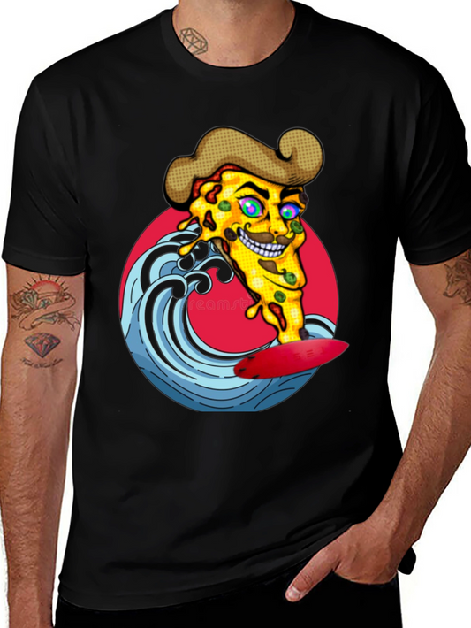 Pizza Surfer Graphic Tee - Black Cotton T-Shirt