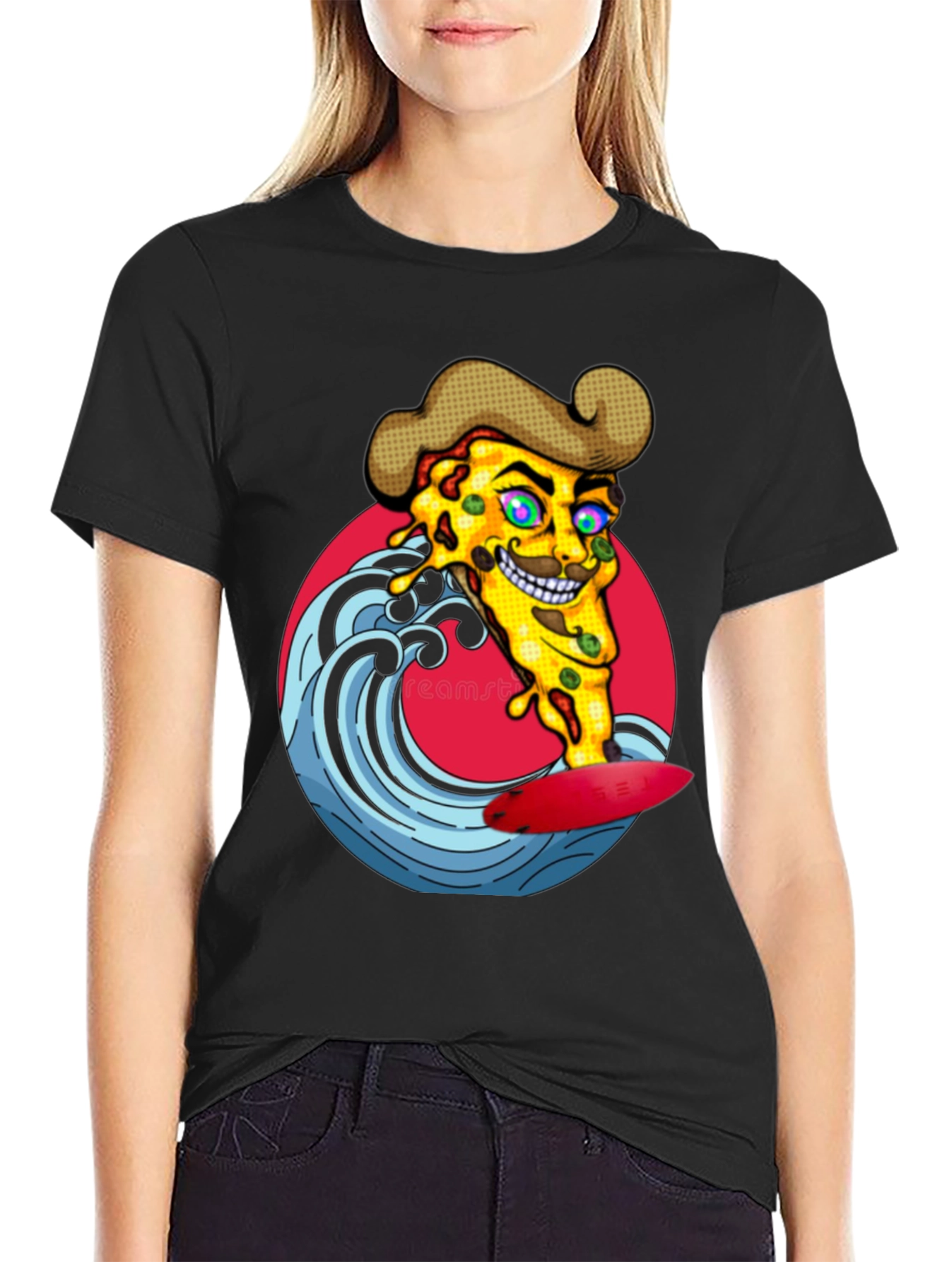 Pizza Surfer Graphic Tee - Black Cotton T-Shirt