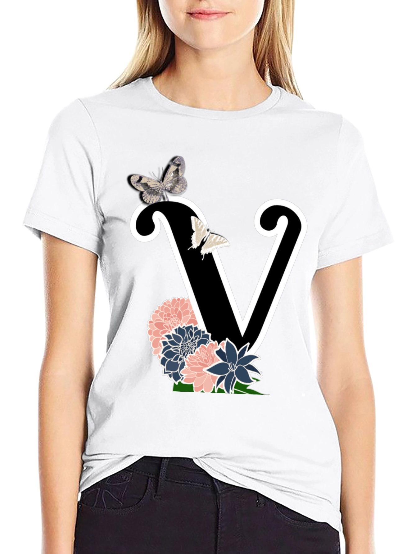 Floral Letter V Graphic Tee - Trendy Style
