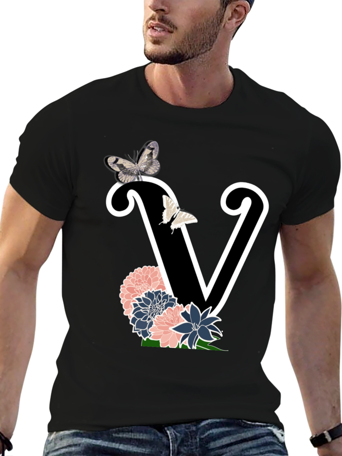 Floral Letter V Graphic Tee - Trendy Style