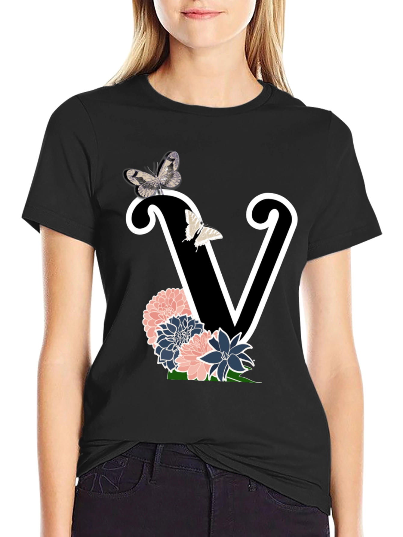 Floral Letter V Graphic Tee - Trendy Style