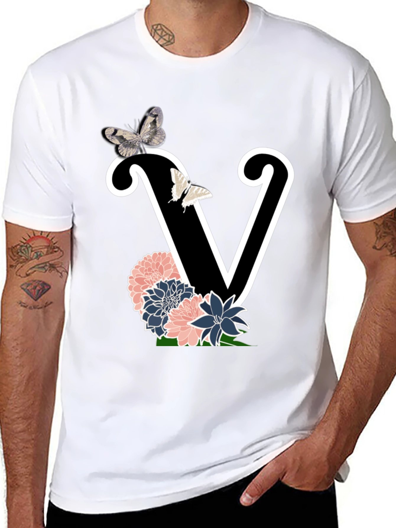 Floral Letter V Graphic Tee - Trendy Style