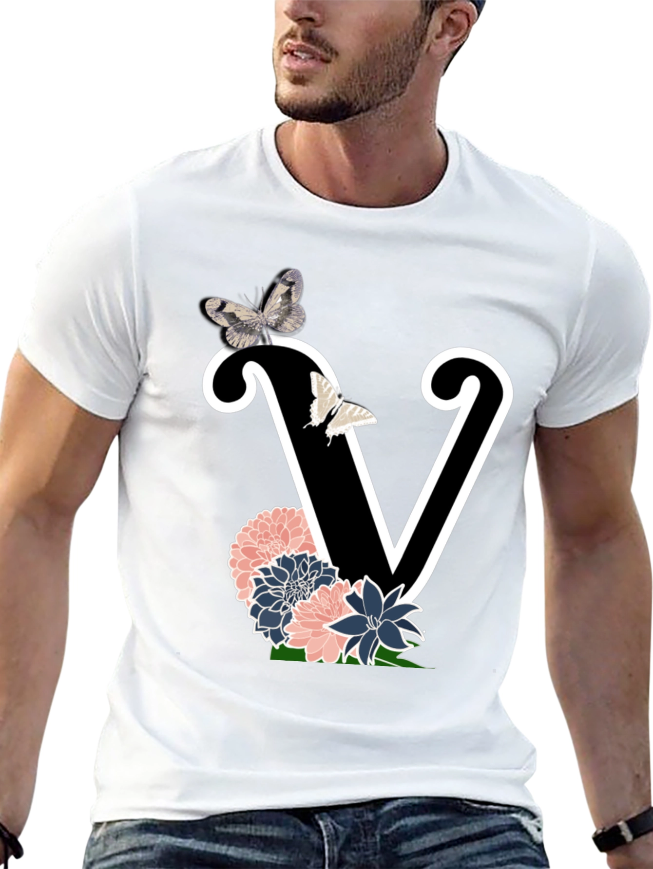 Floral Letter V Graphic Tee - Trendy Style