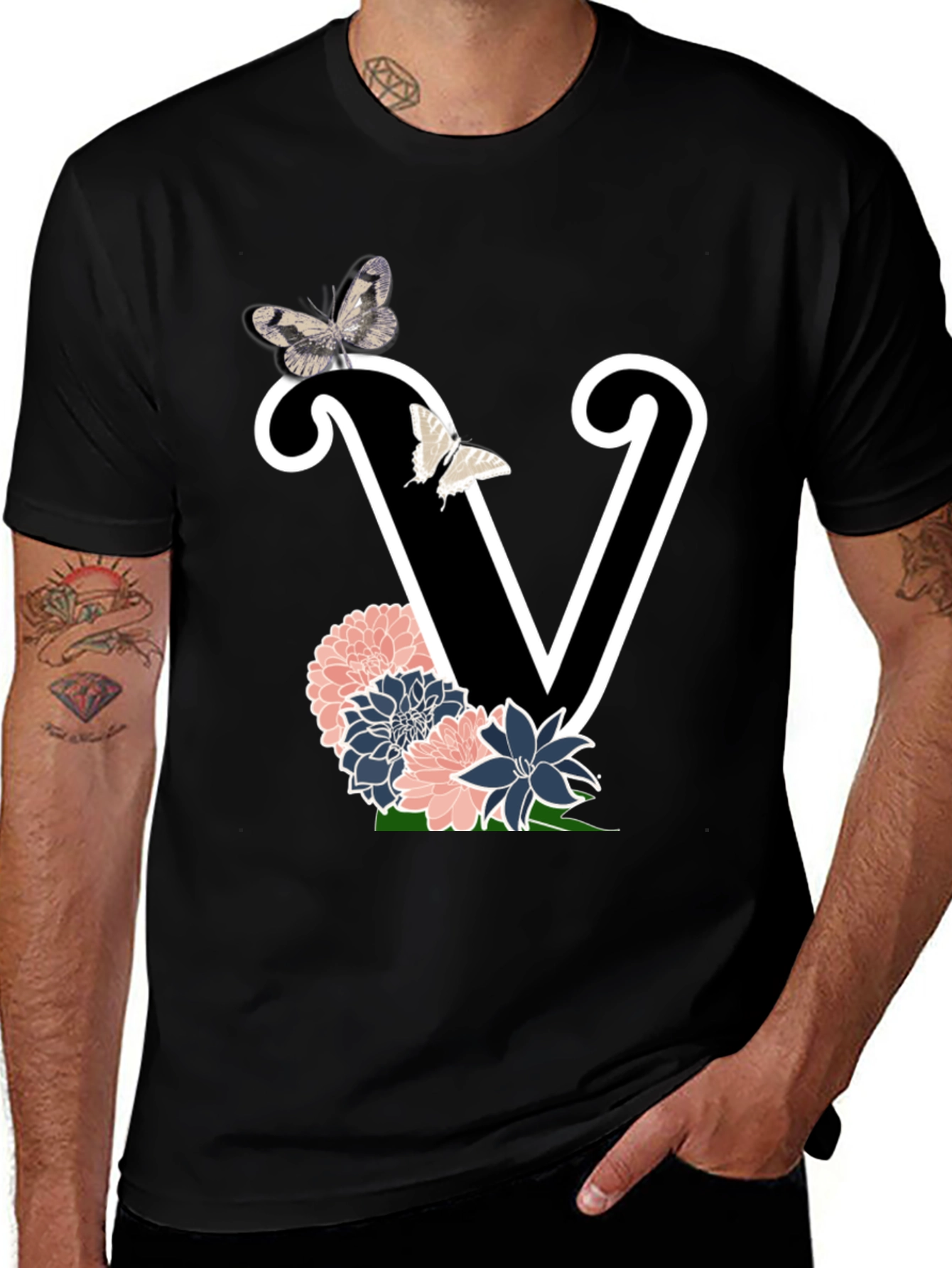 Floral Letter V Graphic Tee - Trendy Style