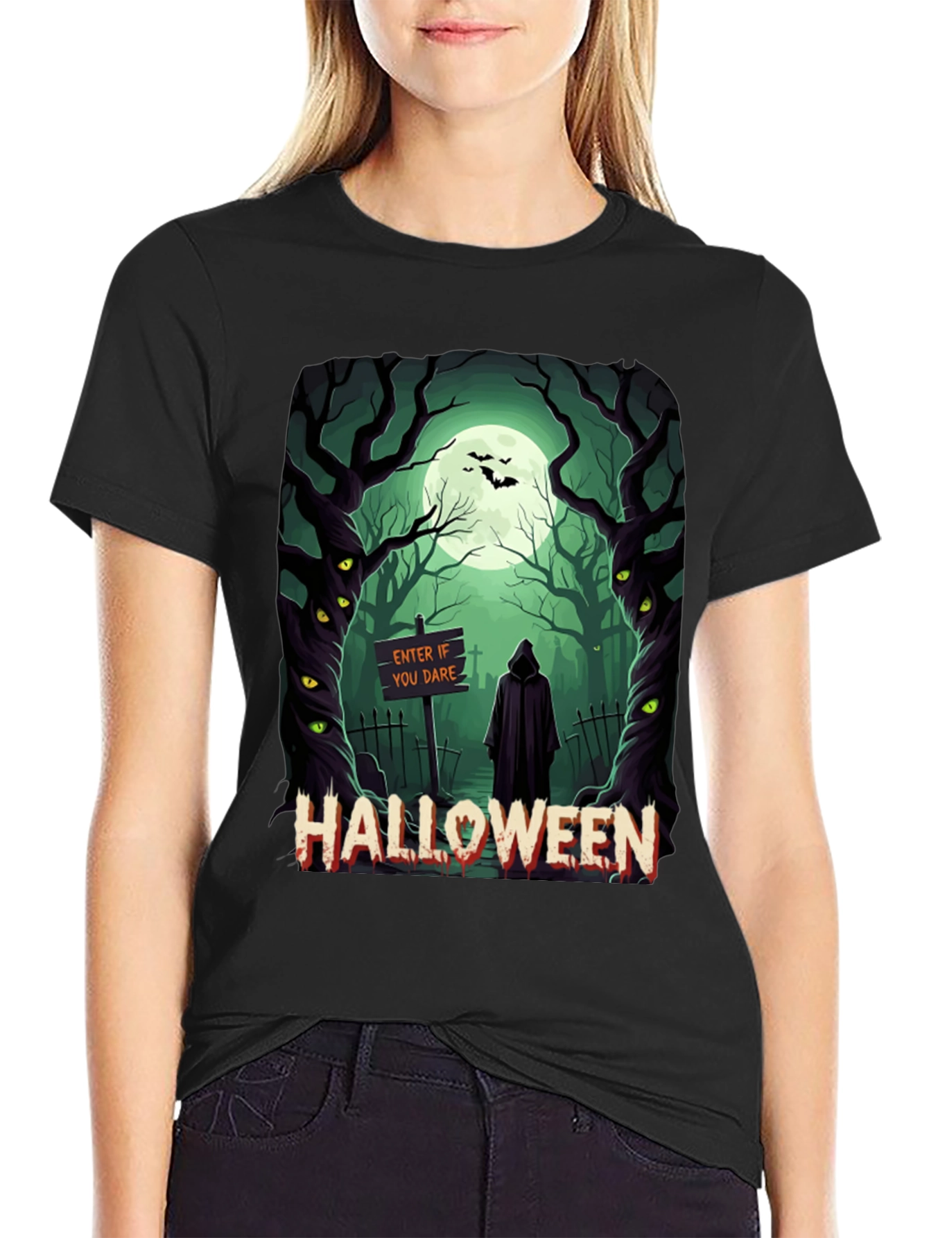 Halloween Graphic Tee: Spooky Forest Design