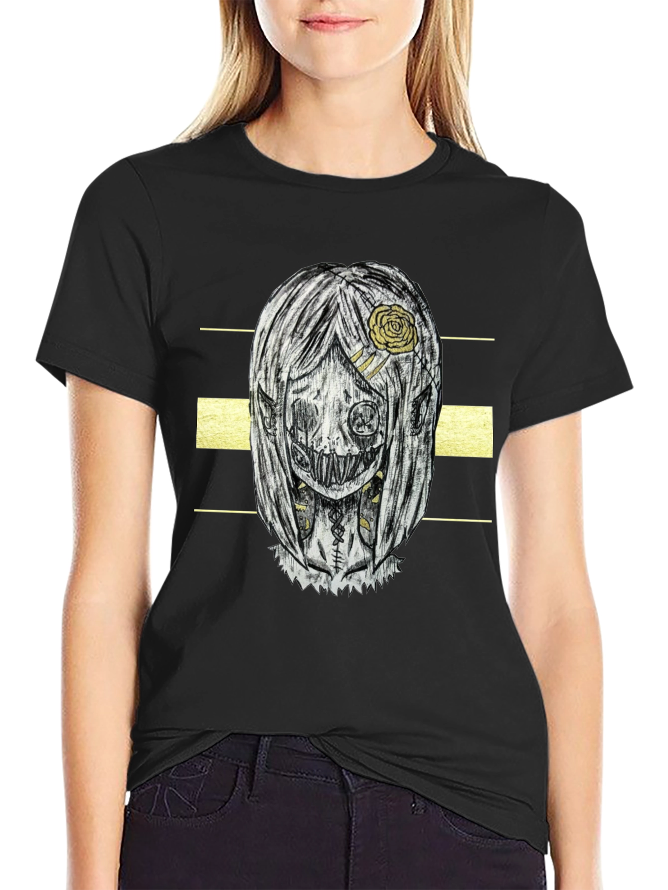 Creepy Doll Graphic Print T-Shirt - Black