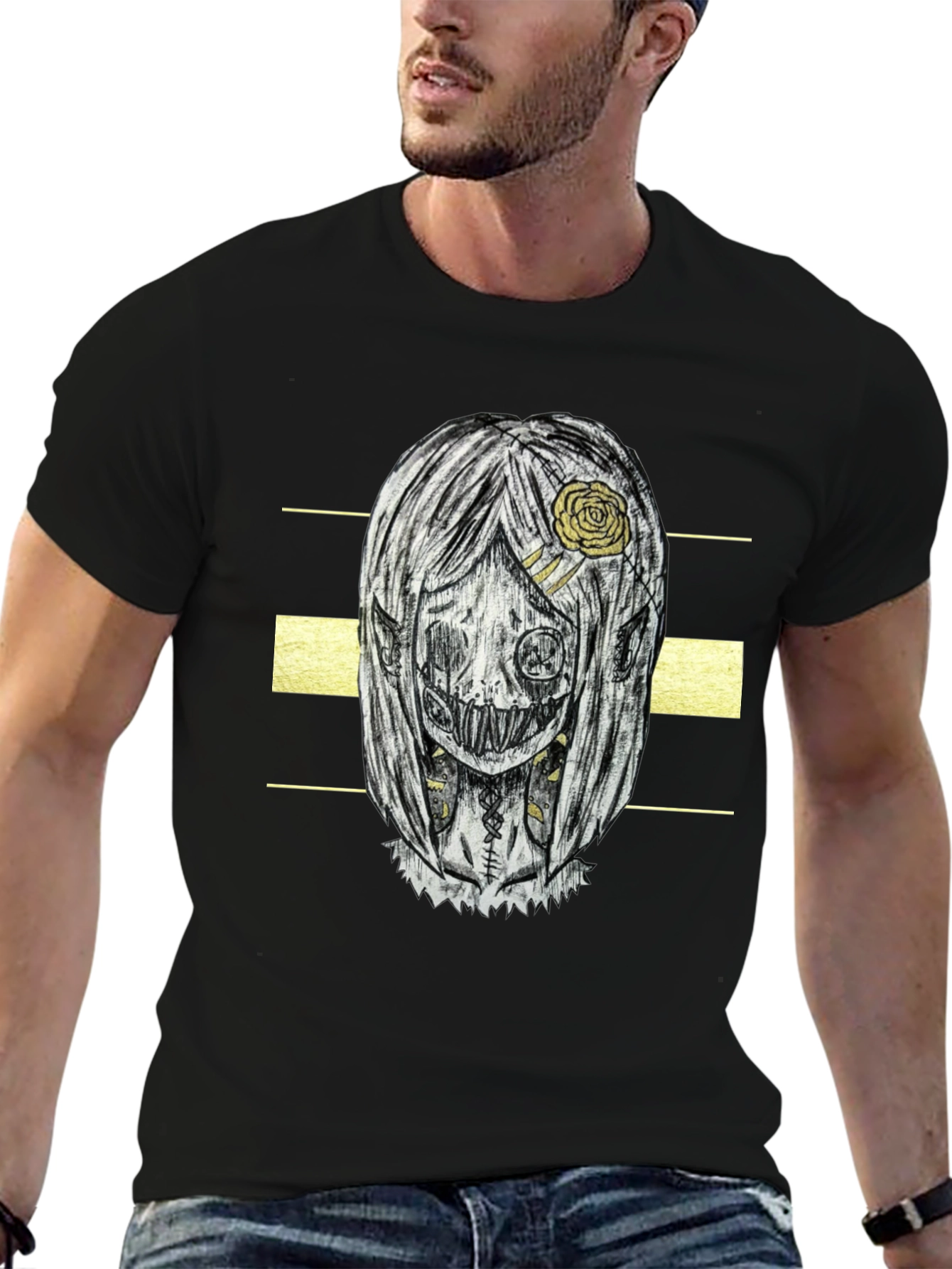 Creepy Doll Graphic Print T-Shirt - Black