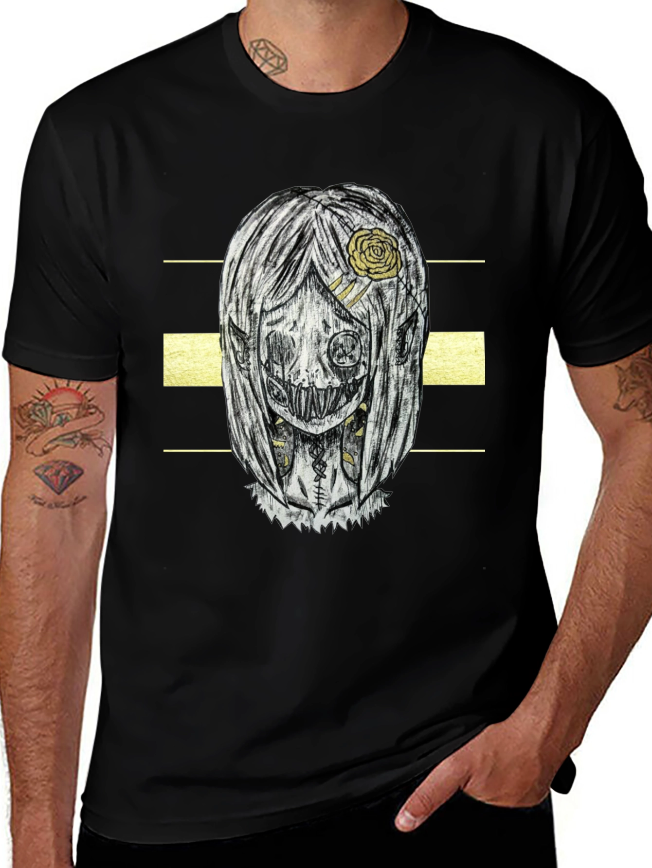 Creepy Doll Graphic Print T-Shirt - Black