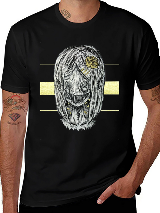 Creepy Doll Graphic Print T-Shirt - Black