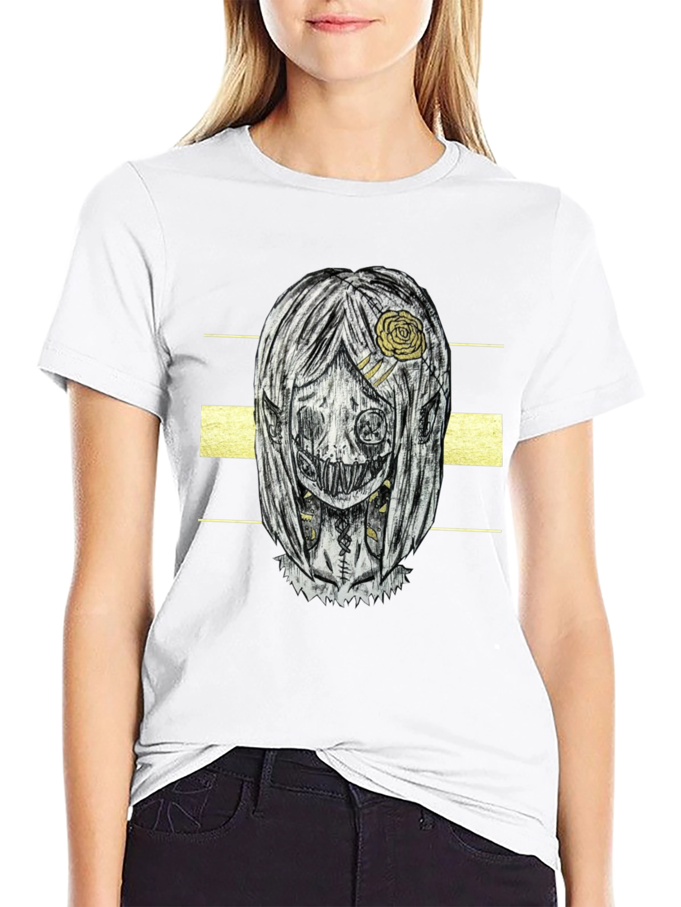 Creepy Doll Graphic Print T-Shirt - Black