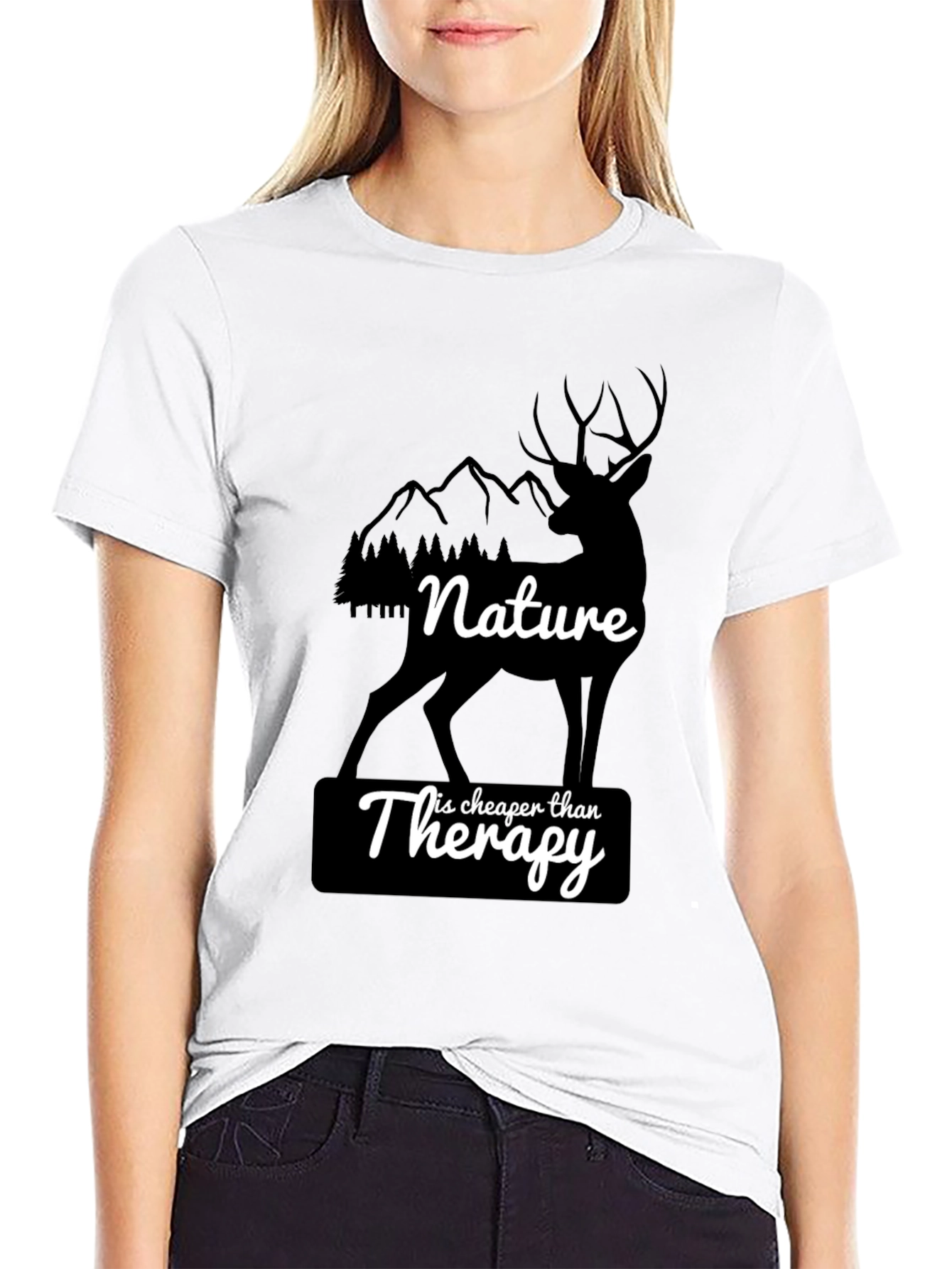Nature Therapy T-Shirt - Deer and Mountain Design