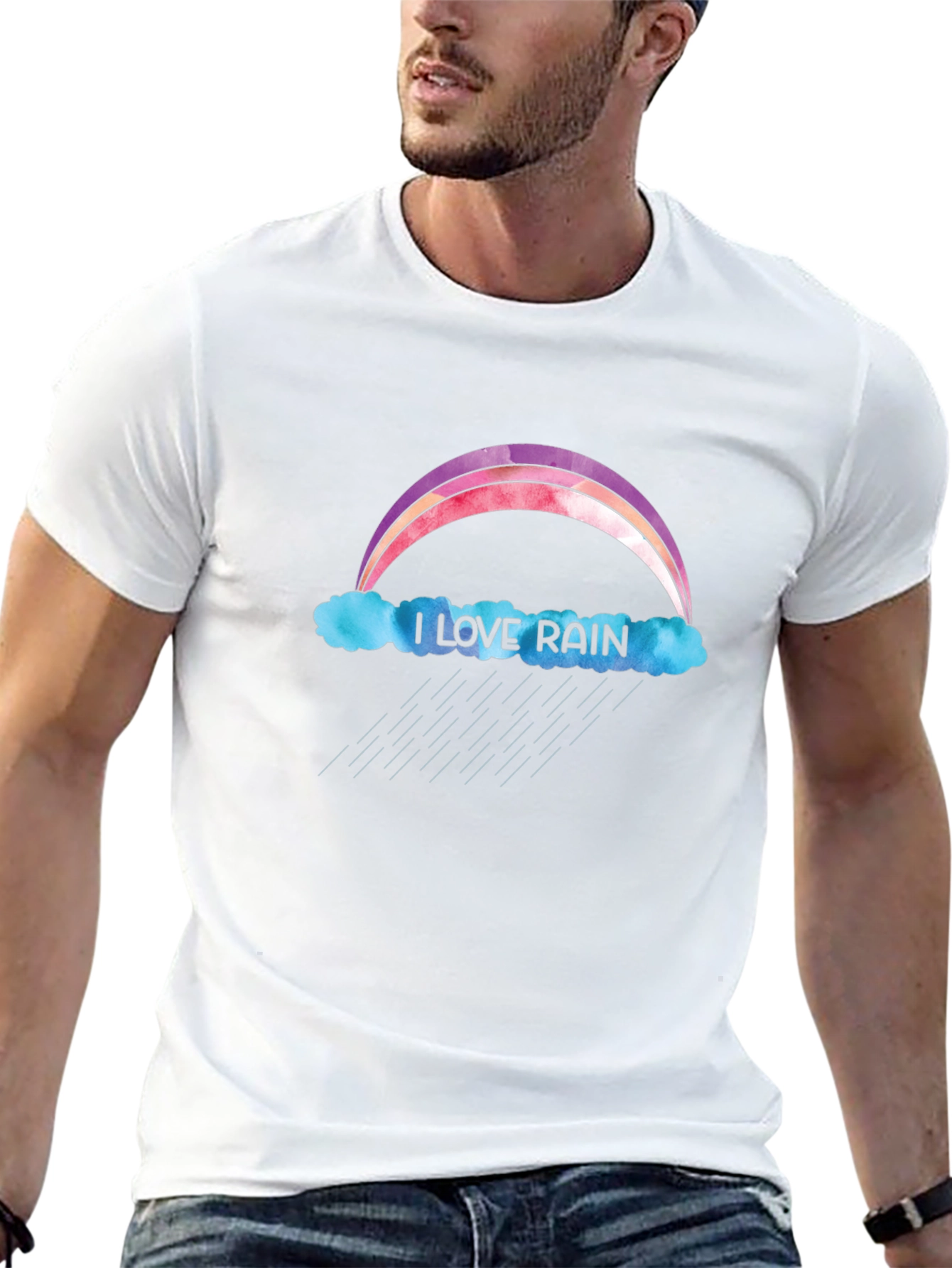 I Love Rain T-Shirt - Rainbow & Cloud Design