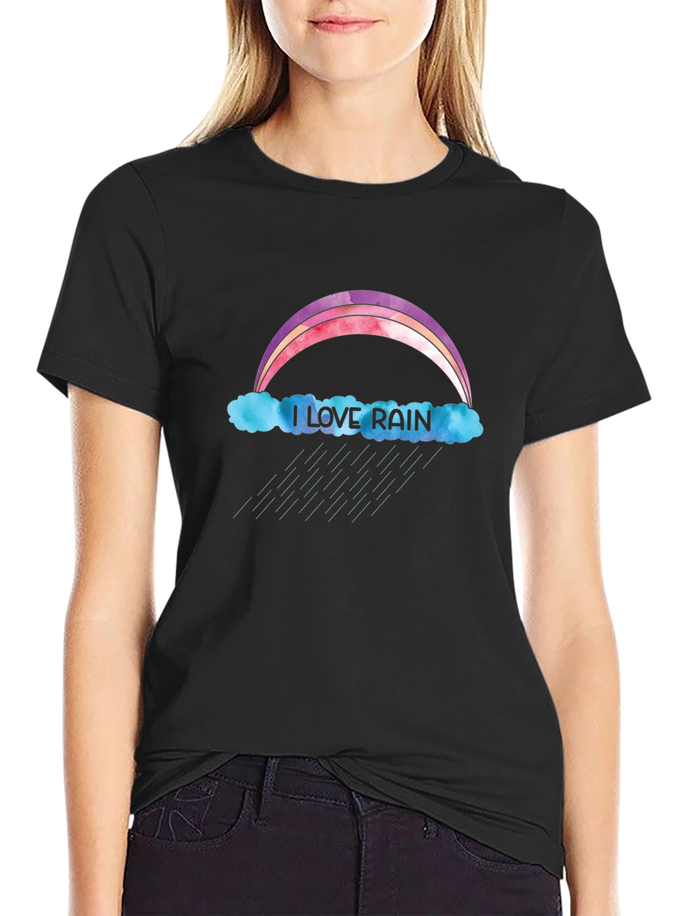 I Love Rain T-Shirt - Rainbow & Cloud Design