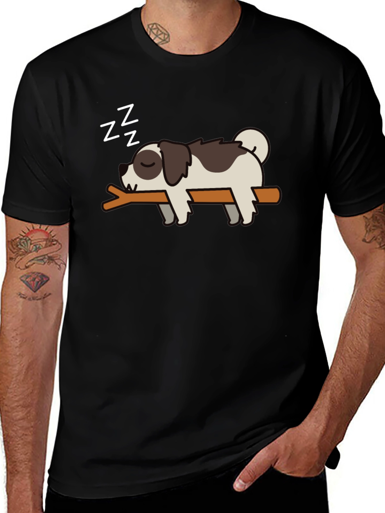 Cute Sleeping Dog T-Shirt - Mens Black Tee