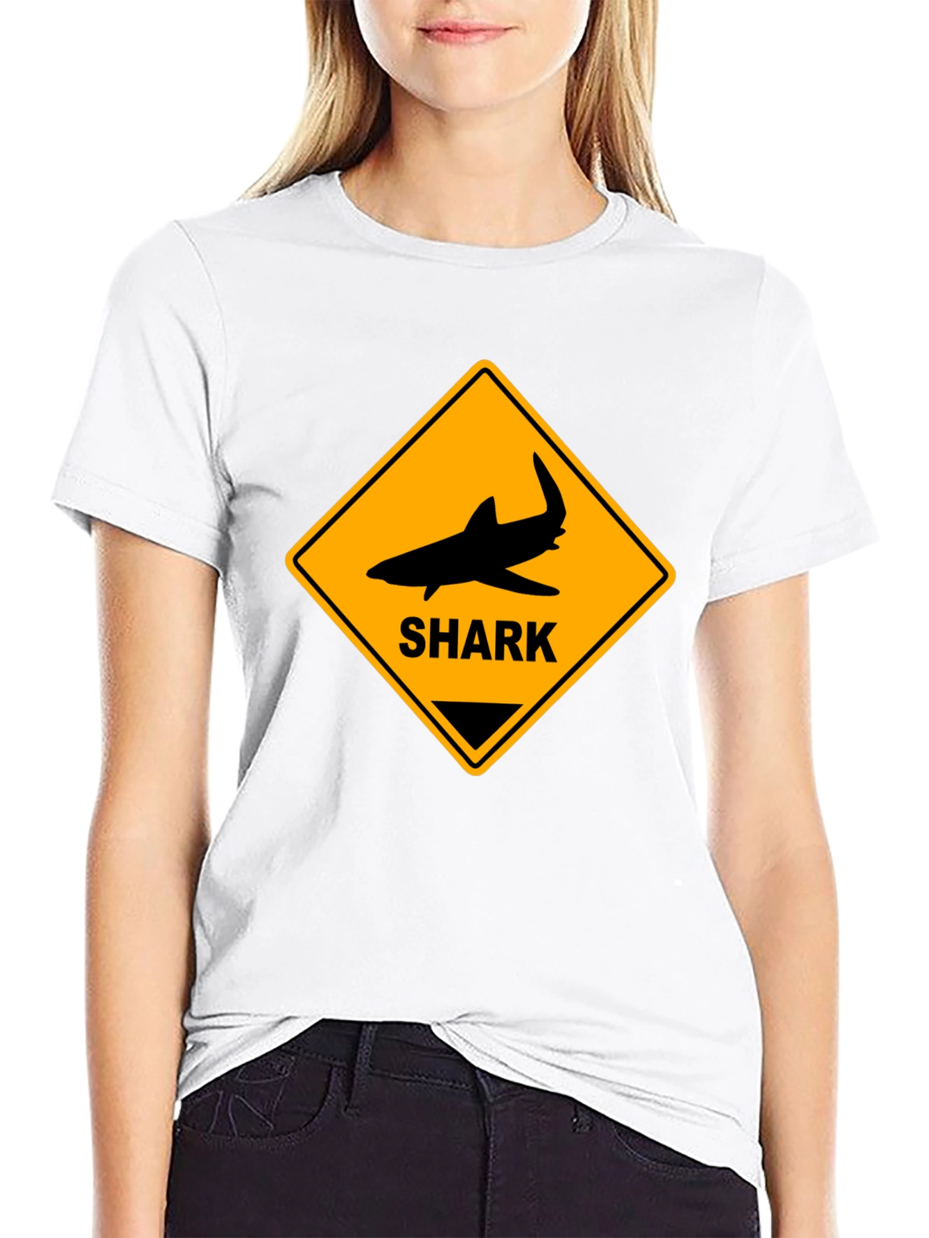 Shark Warning Sign Graphic Tee - Black Cotton T-Shirt