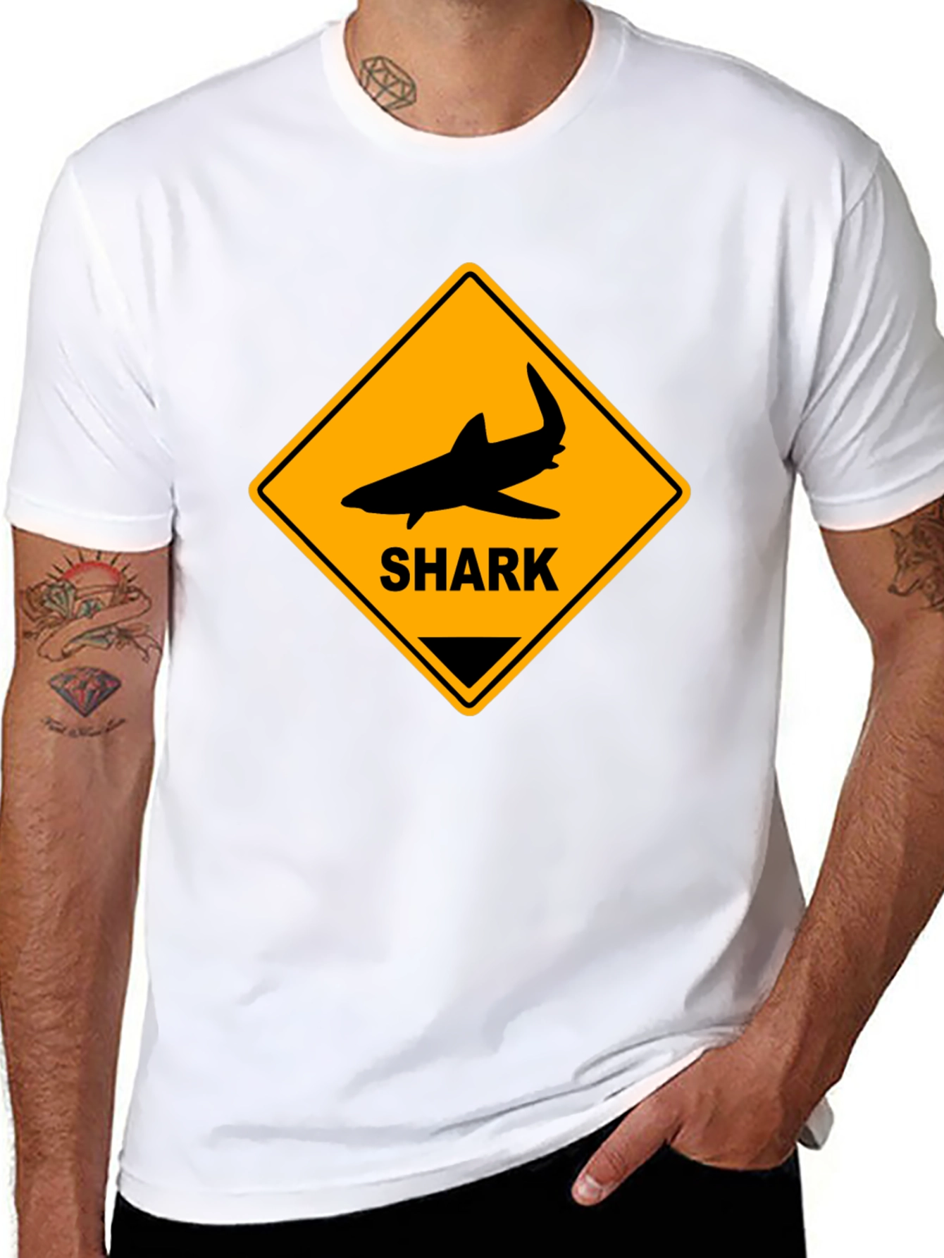 Shark Warning Sign Graphic Tee - Black Cotton T-Shirt