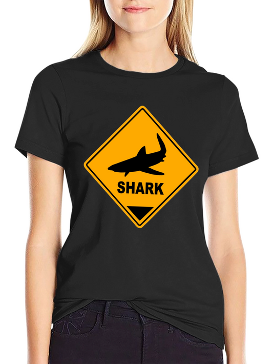 Shark Warning Sign Graphic Tee - Black Cotton T-Shirt
