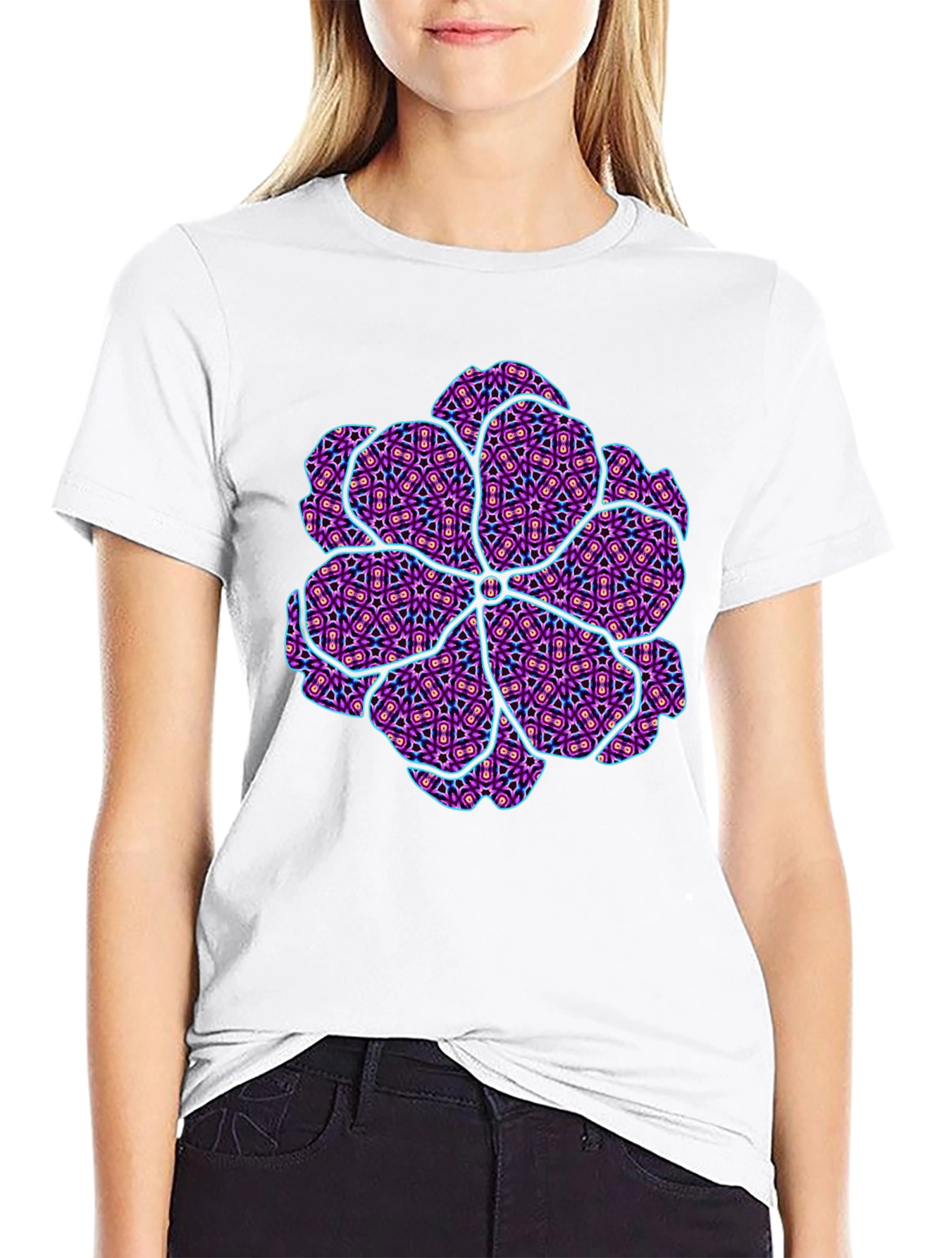 Patterned Flower Graphic Black T-Shirt