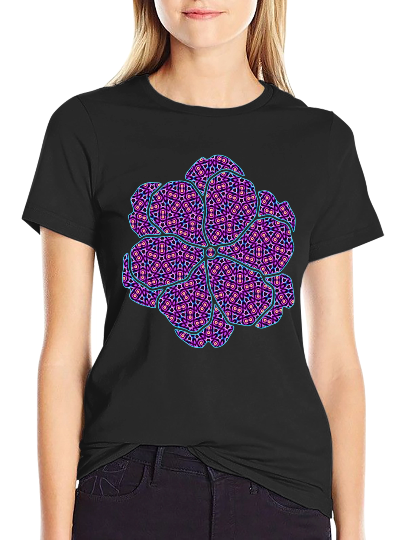 Patterned Flower Graphic Black T-Shirt