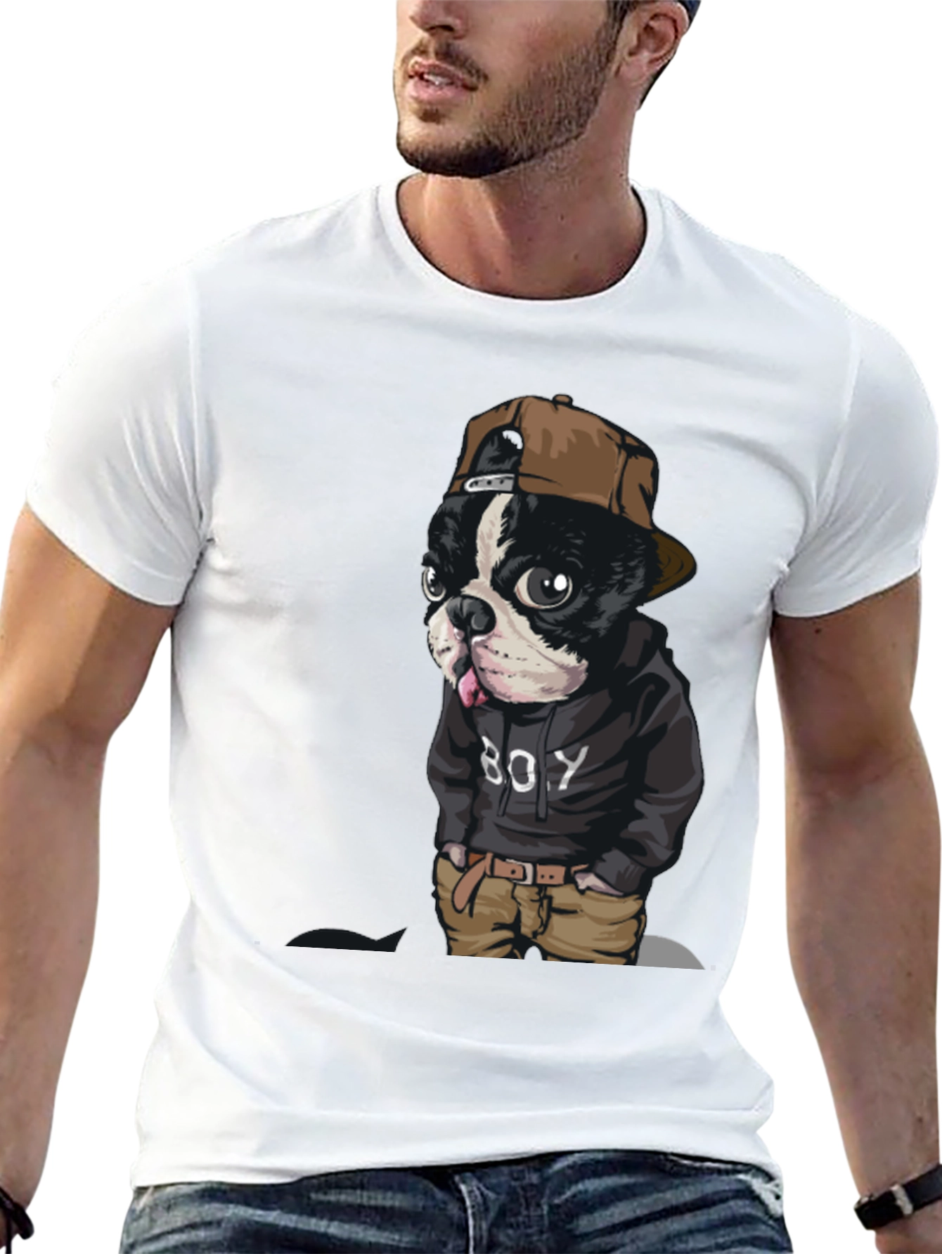 Dog Boy Graphic Print Black T-Shirt