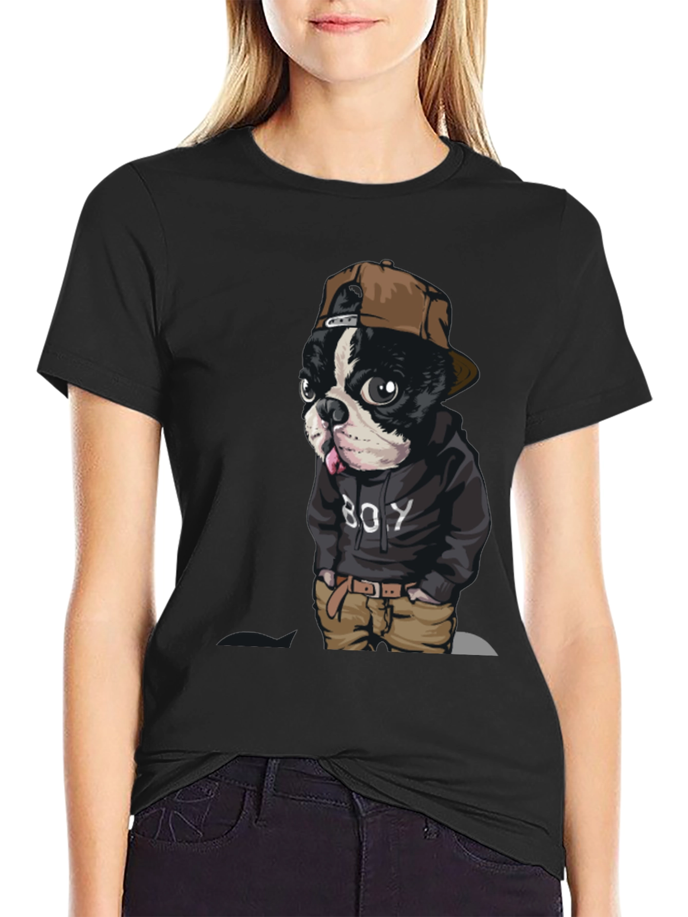 Dog Boy Graphic Print Black T-Shirt