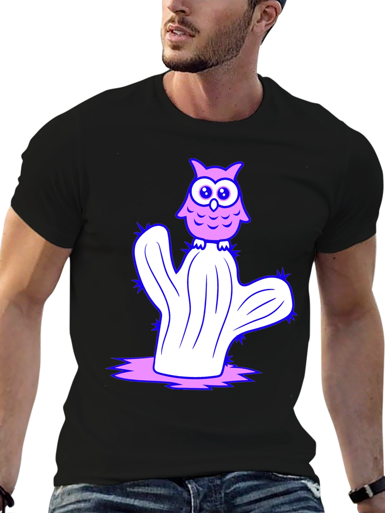 Owl on Cactus Graphic T-Shirt - Black