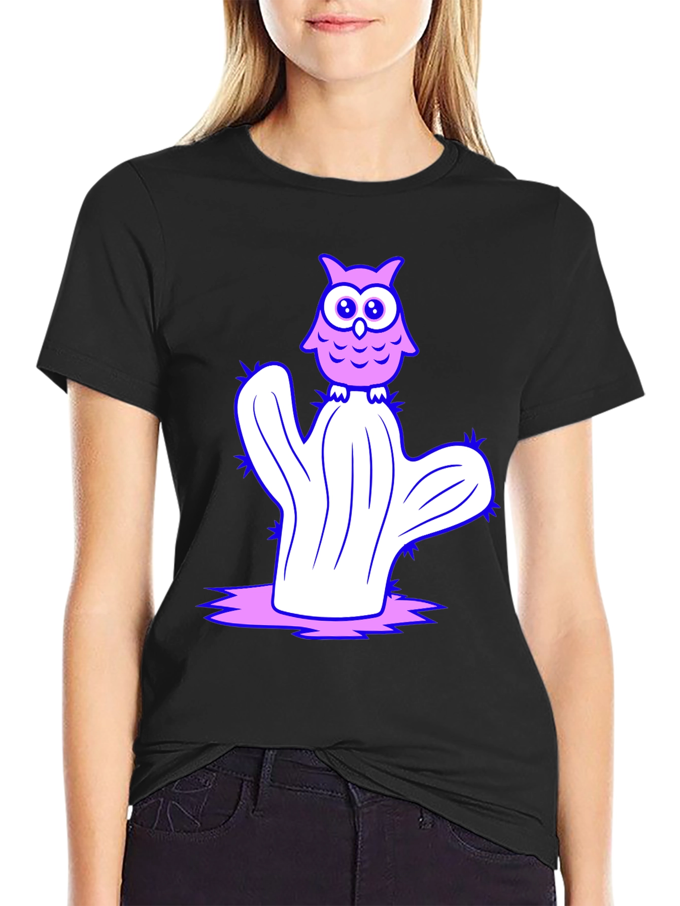 Owl on Cactus Graphic T-Shirt - Black
