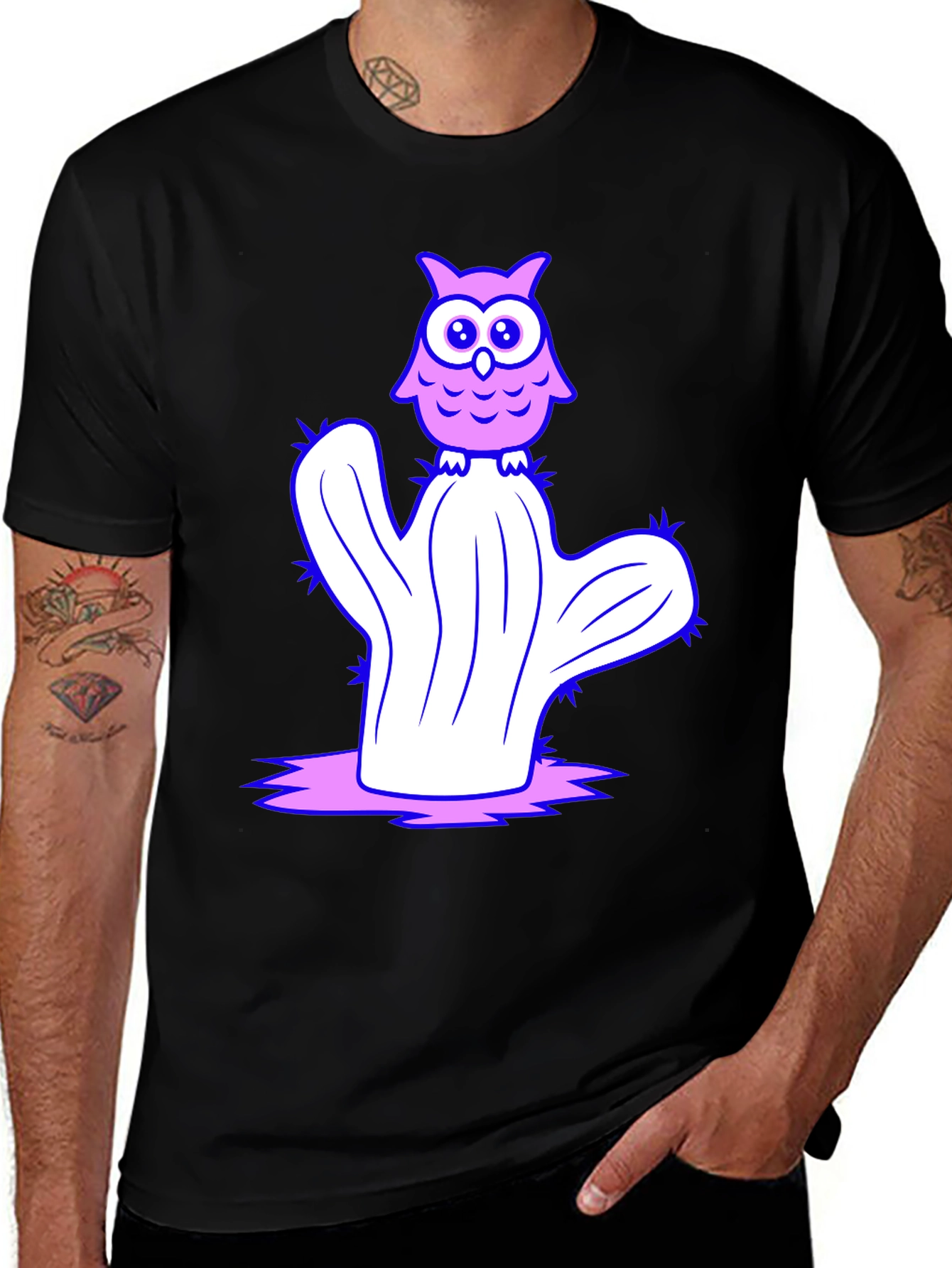 Owl on Cactus Graphic T-Shirt - Black