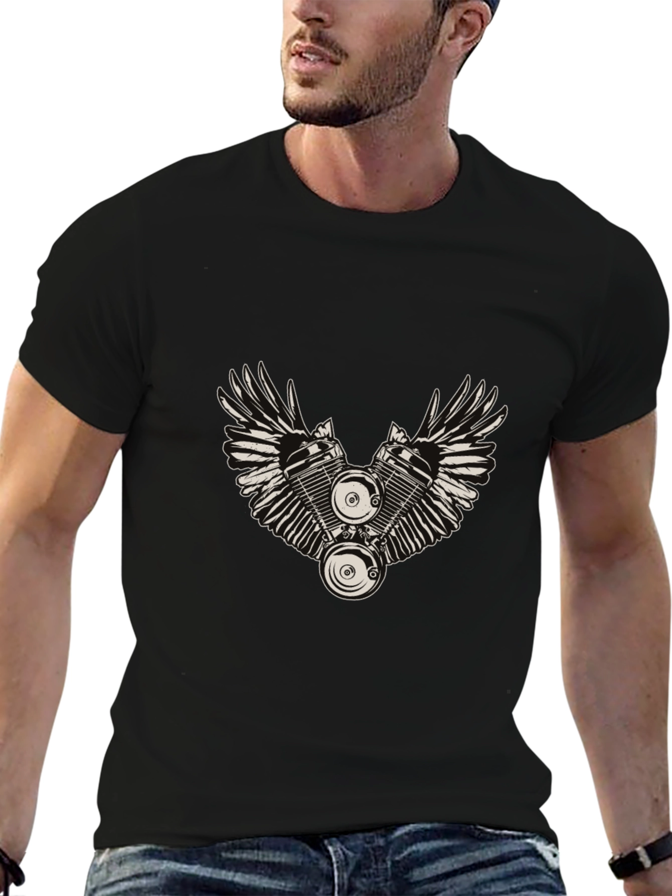 Winged Engine Graphic T-Shirt - Black Cotton