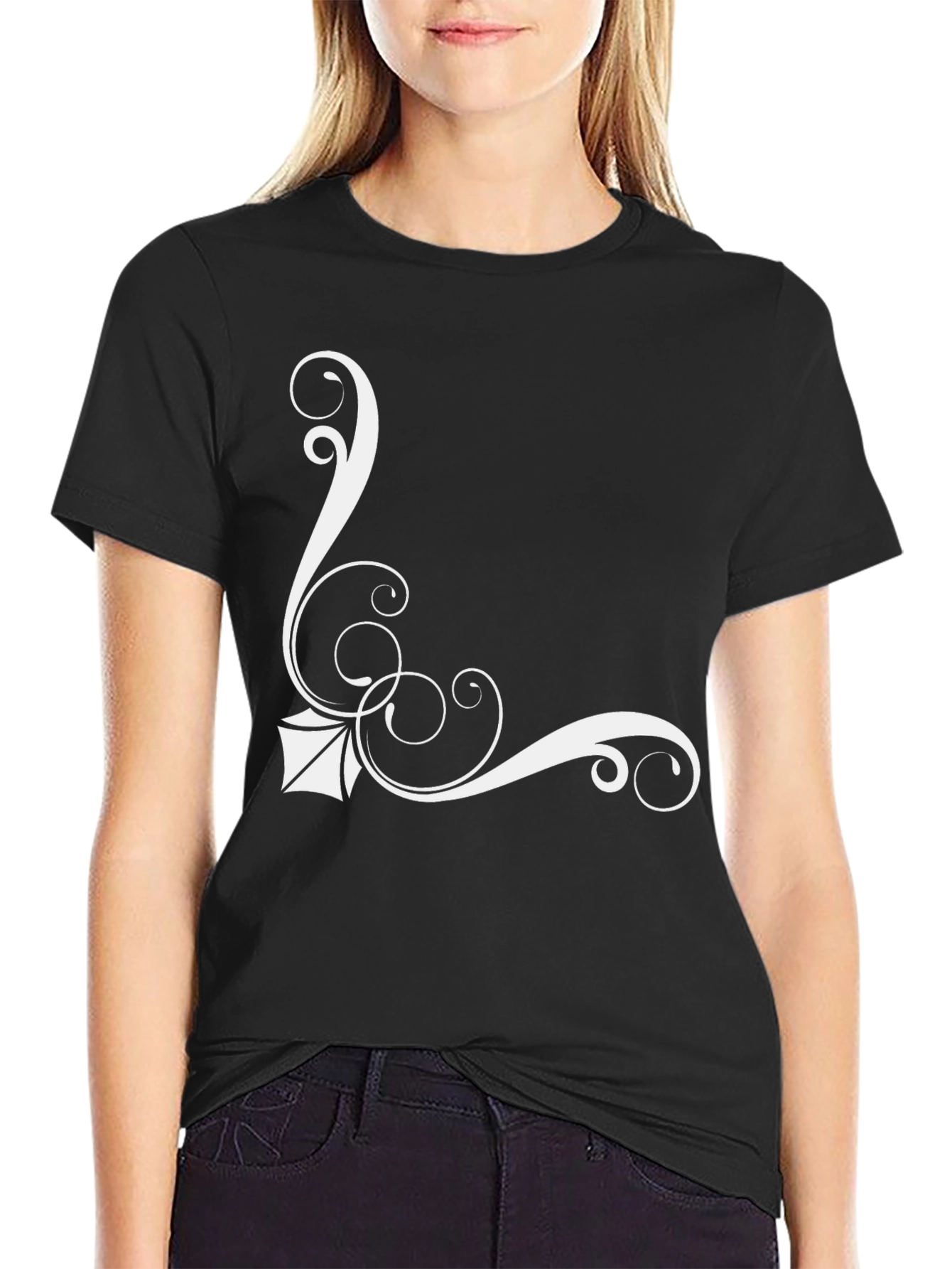 Elegant Black T-Shirt with White Floral Design