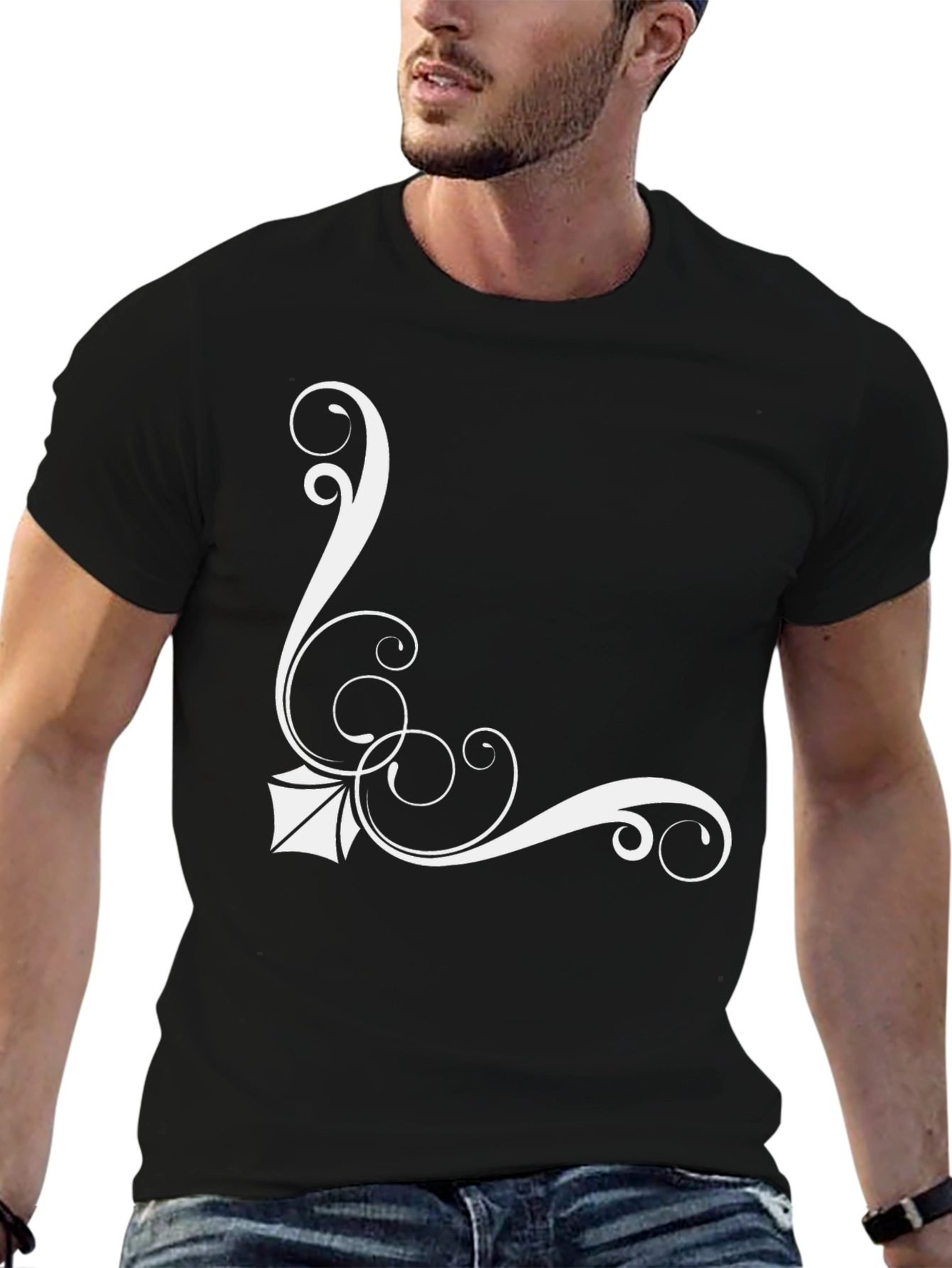 Elegant Black T-Shirt with White Floral Design