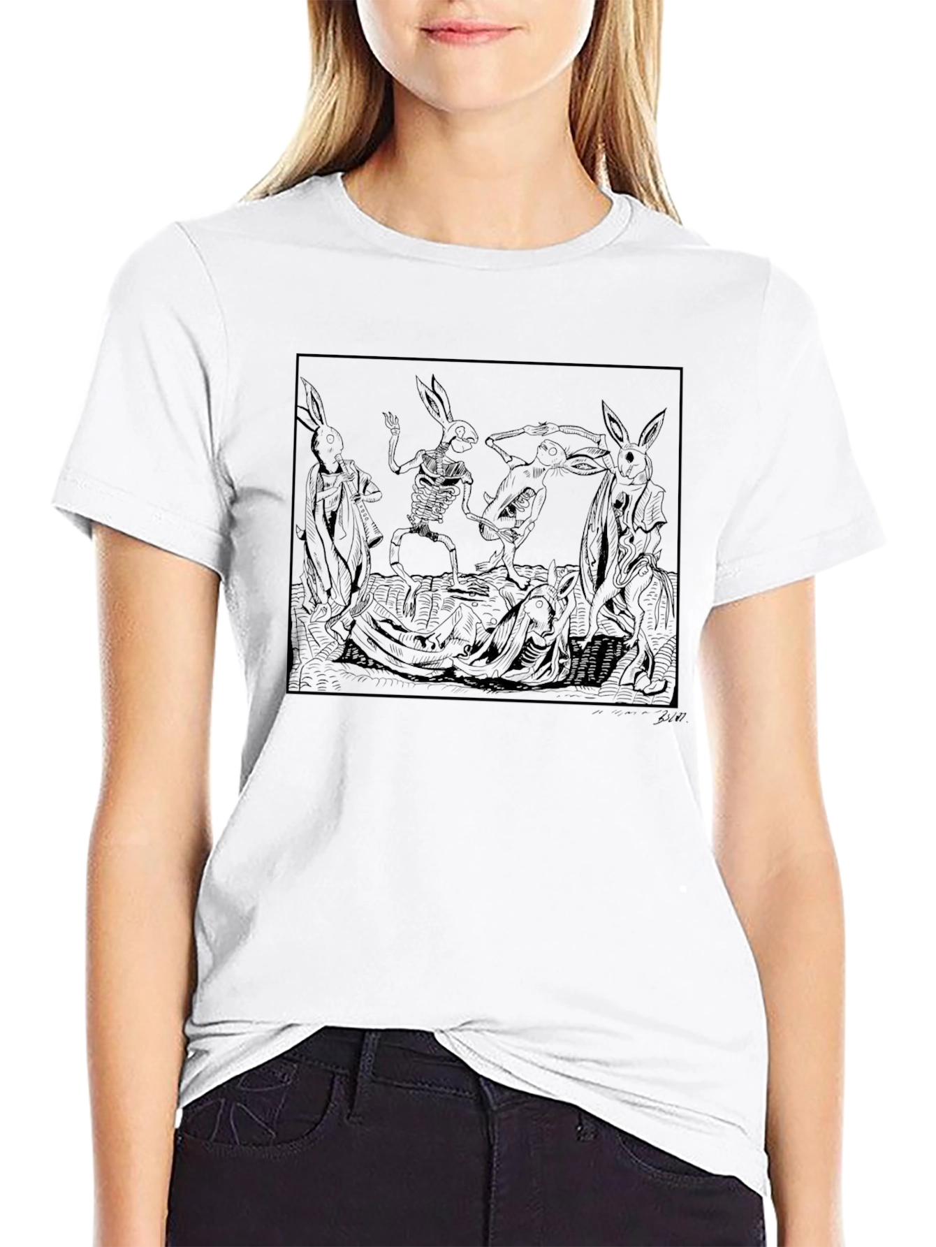 Hare Skeleton Dance Graphic Tee - Black
