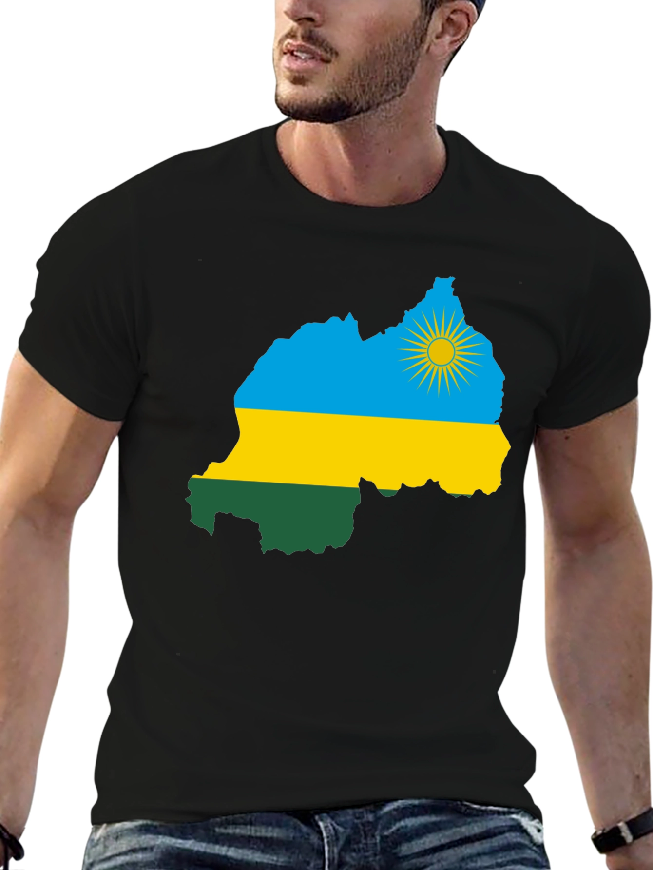Rwanda Flag Map Black T-Shirt