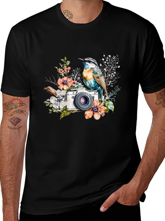 Bird & Camera Floral Black T-Shirt