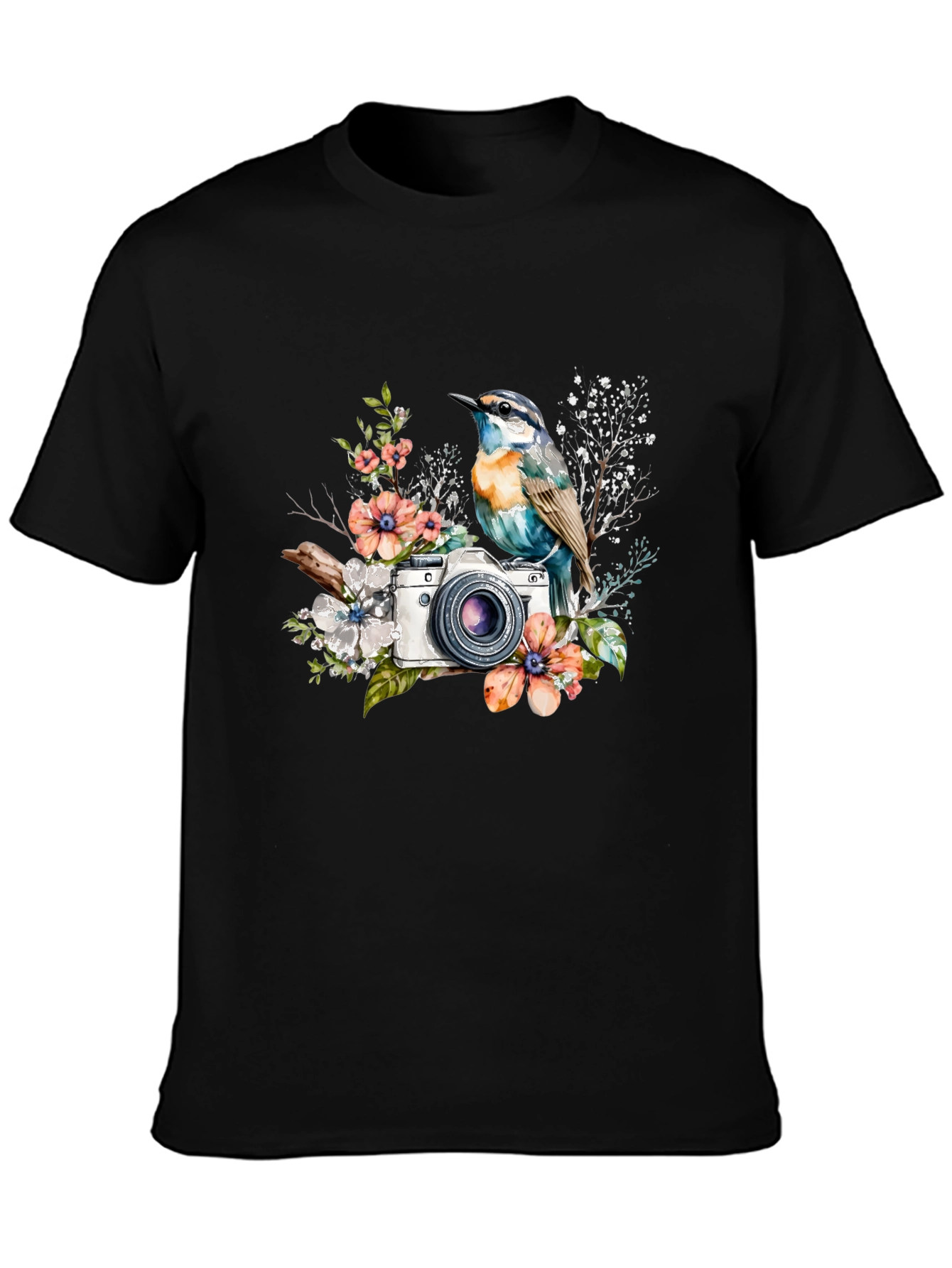 Bird & Camera Floral Black T-Shirt
