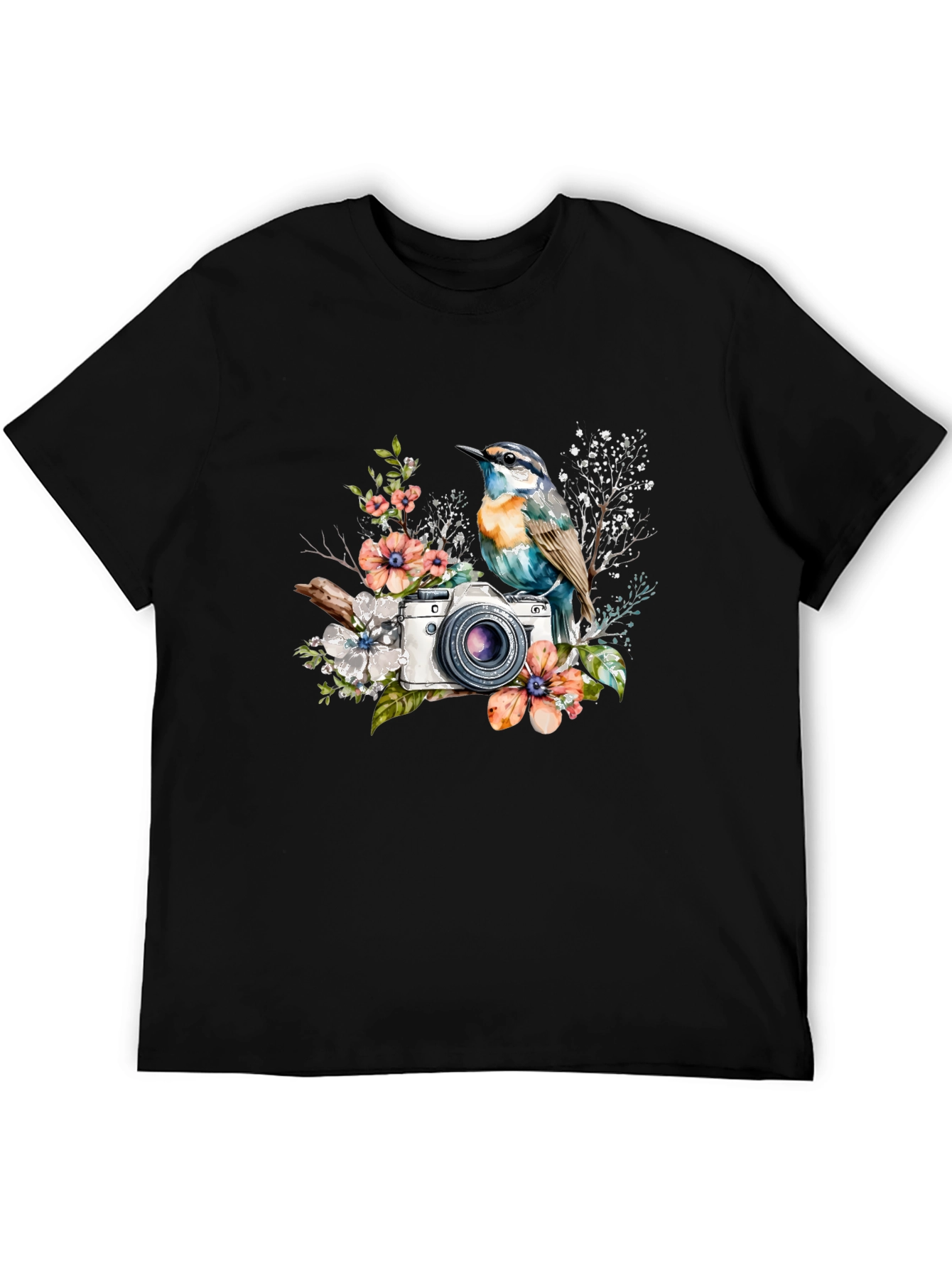 Bird & Camera Floral Black T-Shirt