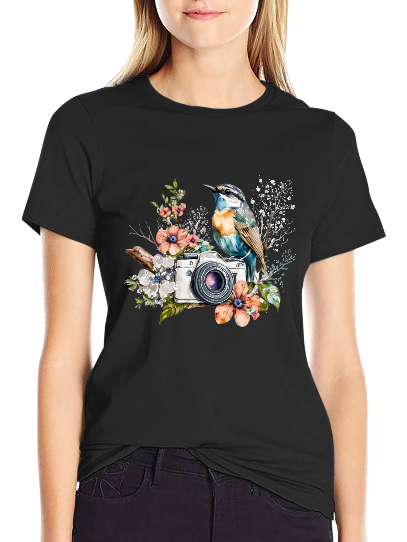 Bird & Camera Floral Black T-Shirt