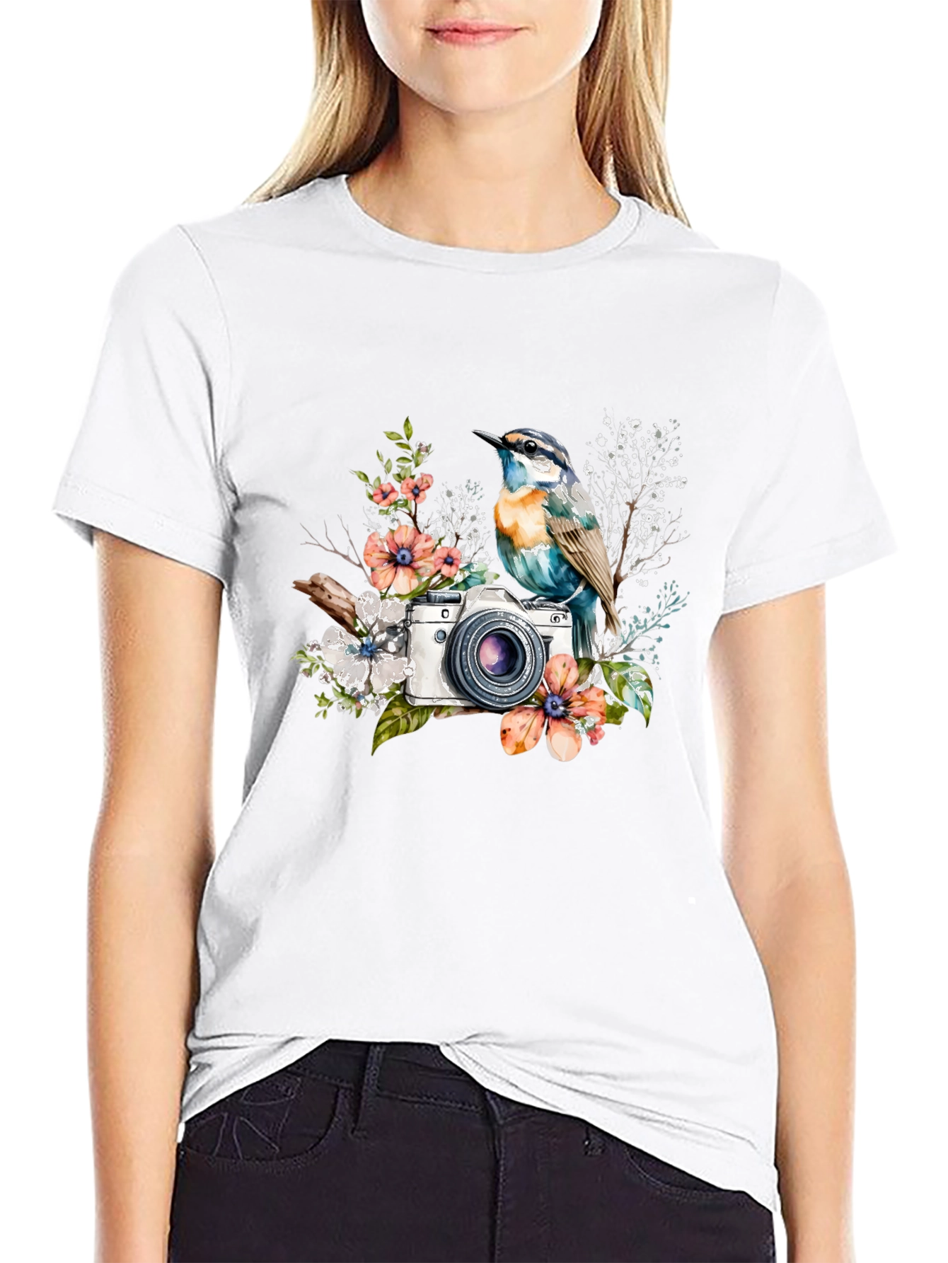 Bird & Camera Floral Black T-Shirt