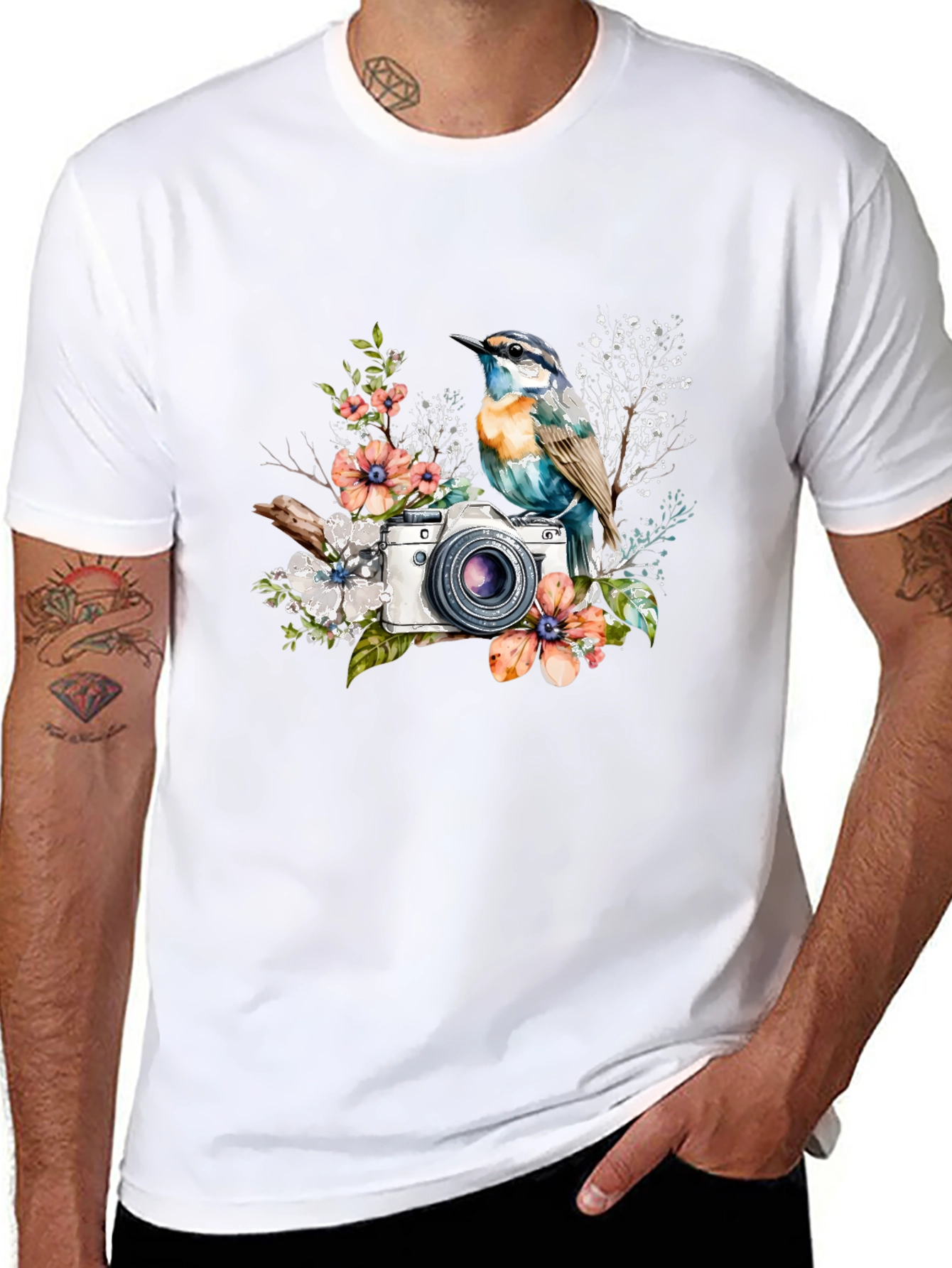 Bird & Camera Floral Black T-Shirt