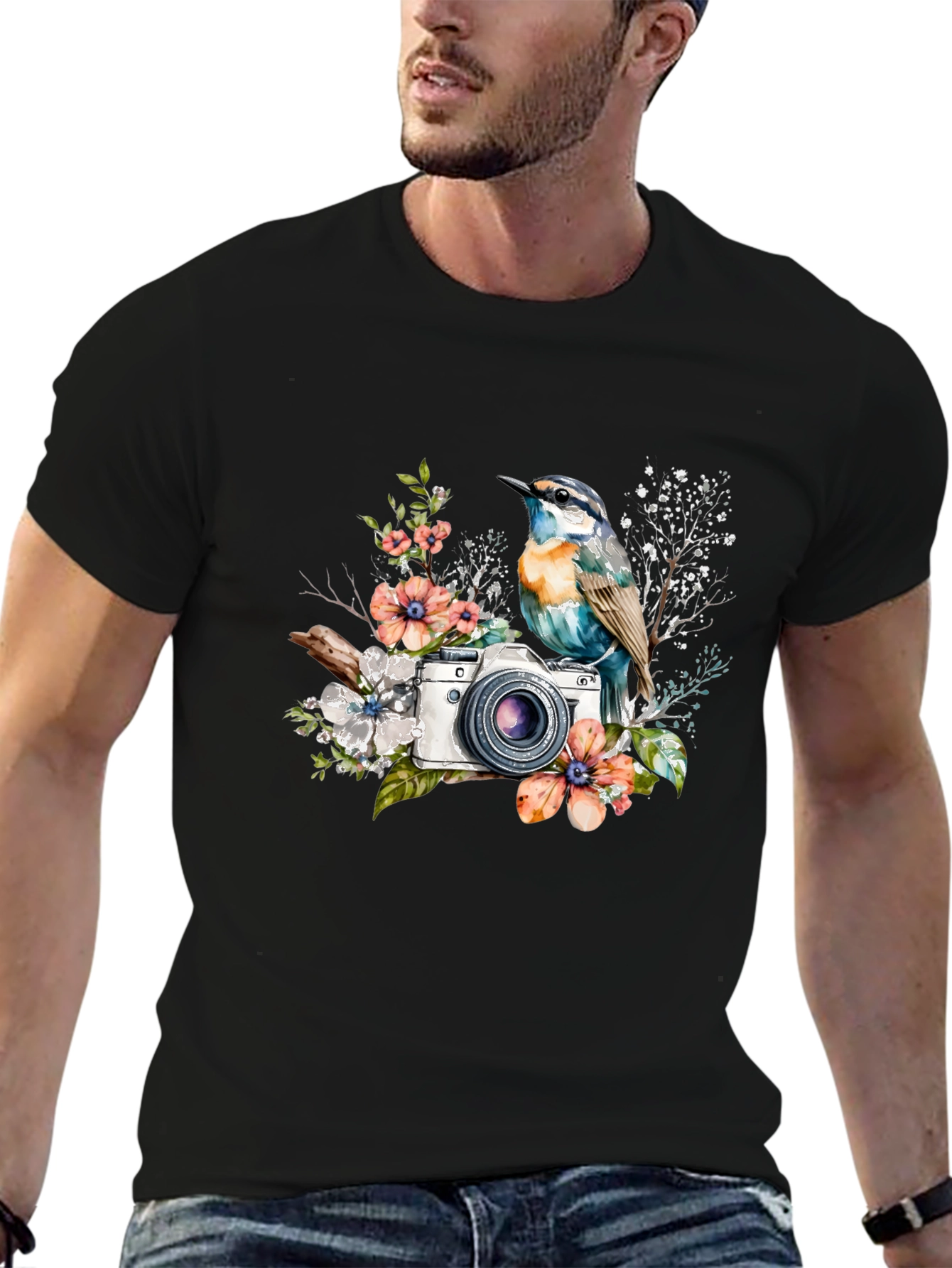 Bird & Camera Floral Black T-Shirt