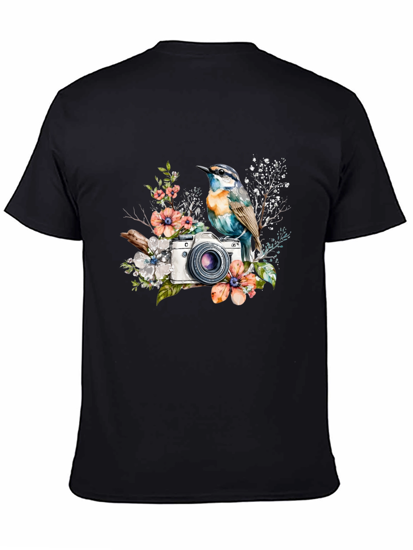 Bird & Camera Floral Black T-Shirt