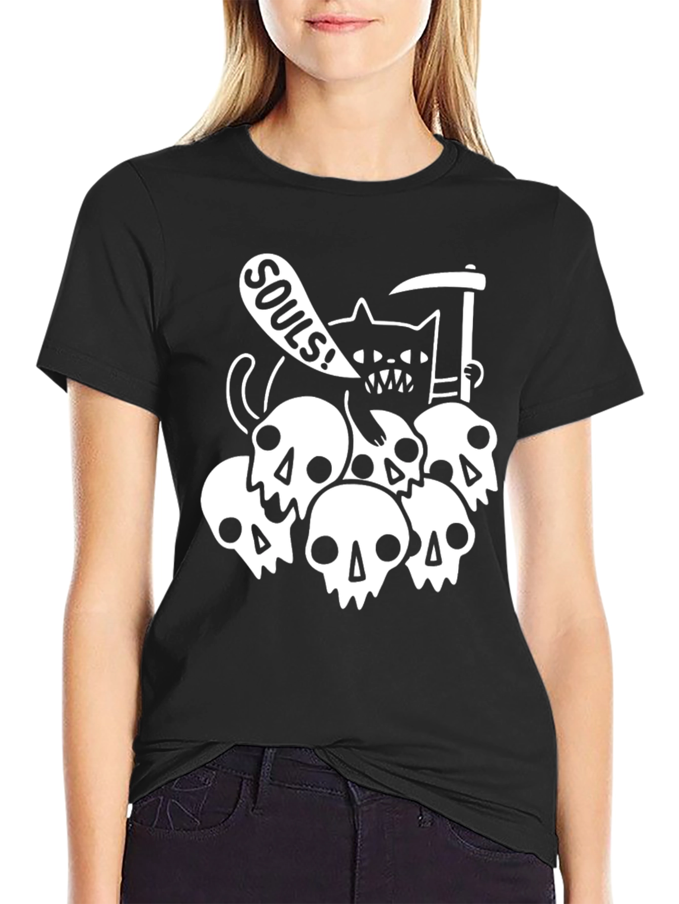 Grim Reaper Cat Souls Graphic T-Shirt - Black