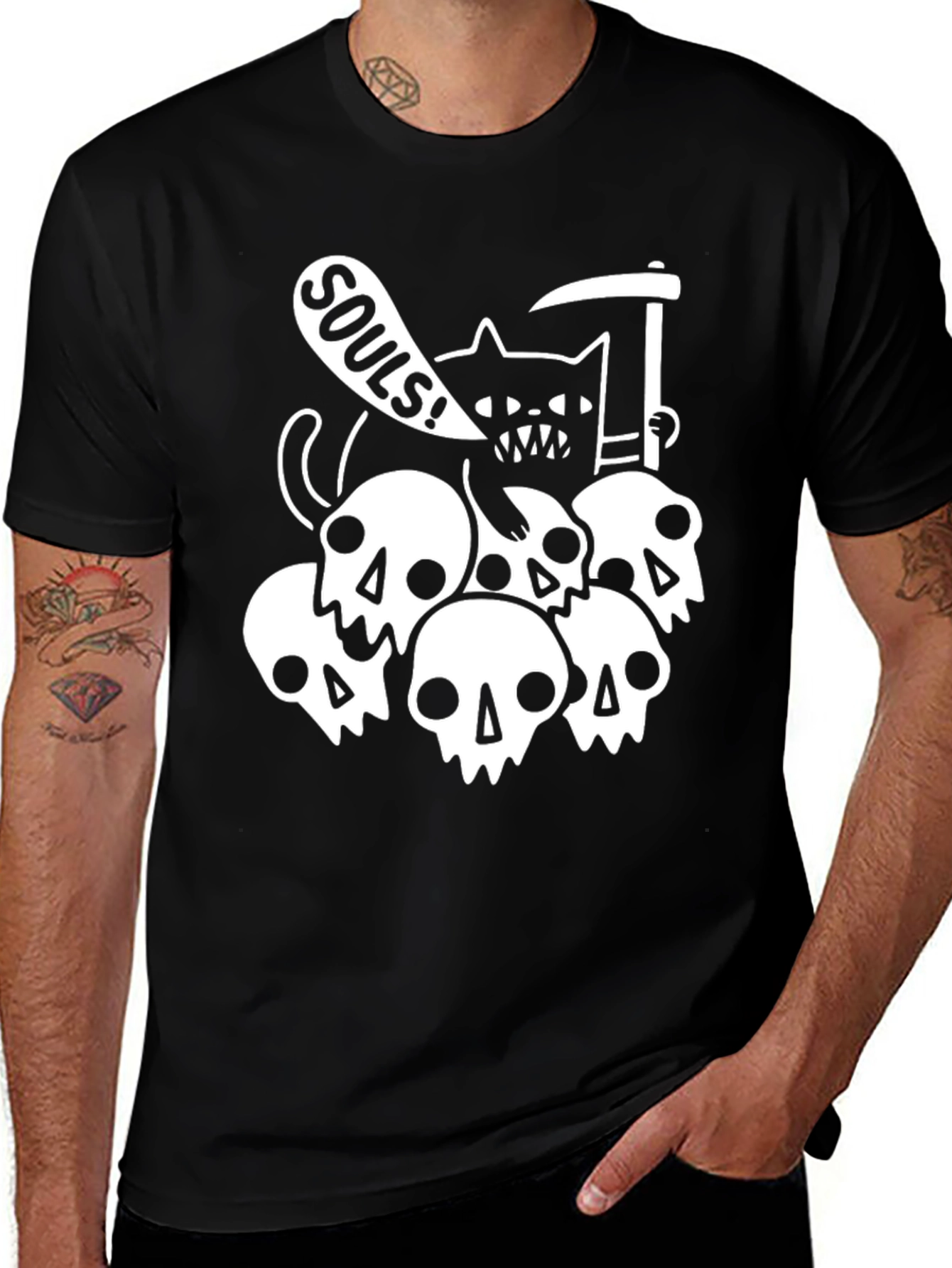 Grim Reaper Cat Souls Graphic T-Shirt - Black