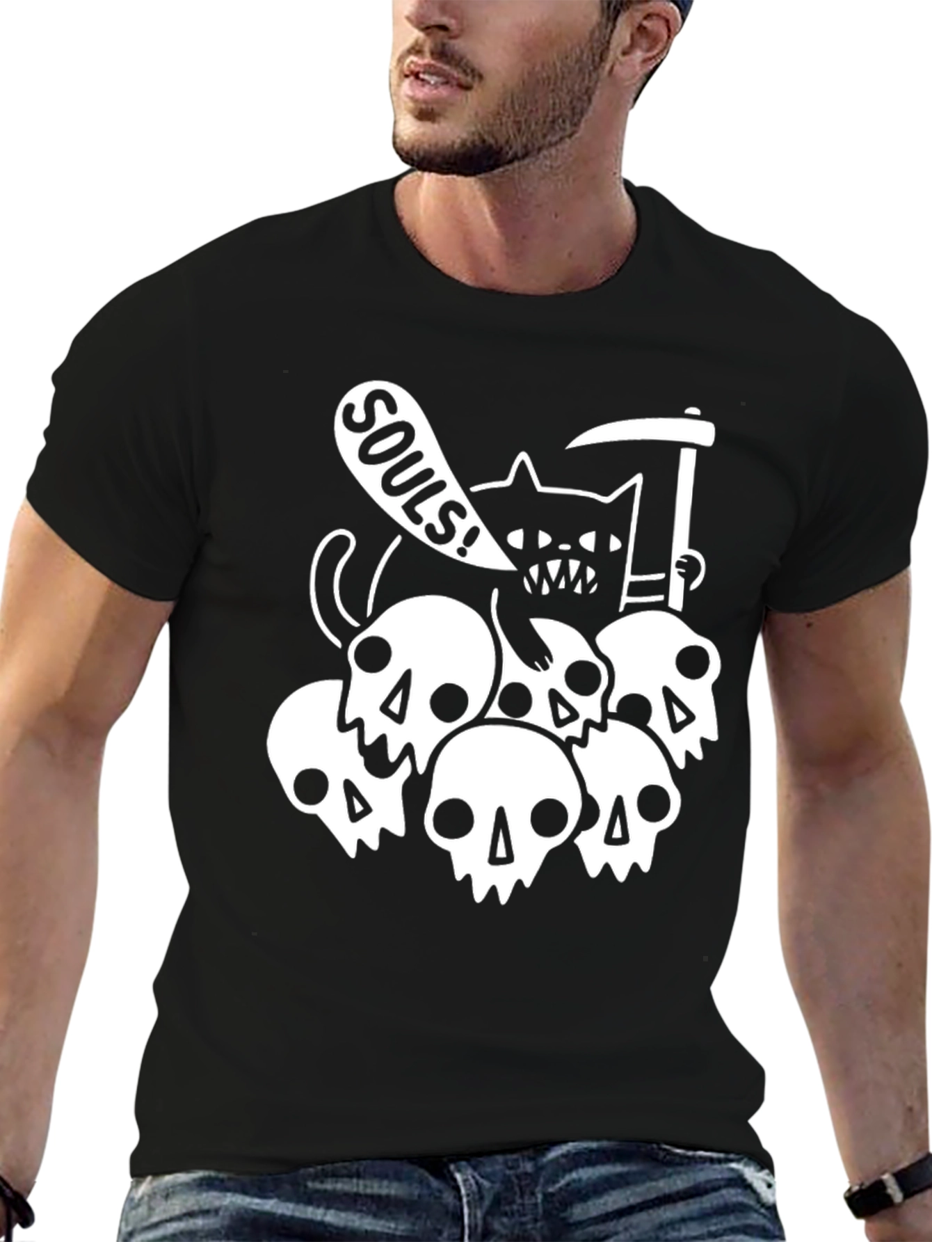 Grim Reaper Cat Souls Graphic T-Shirt - Black
