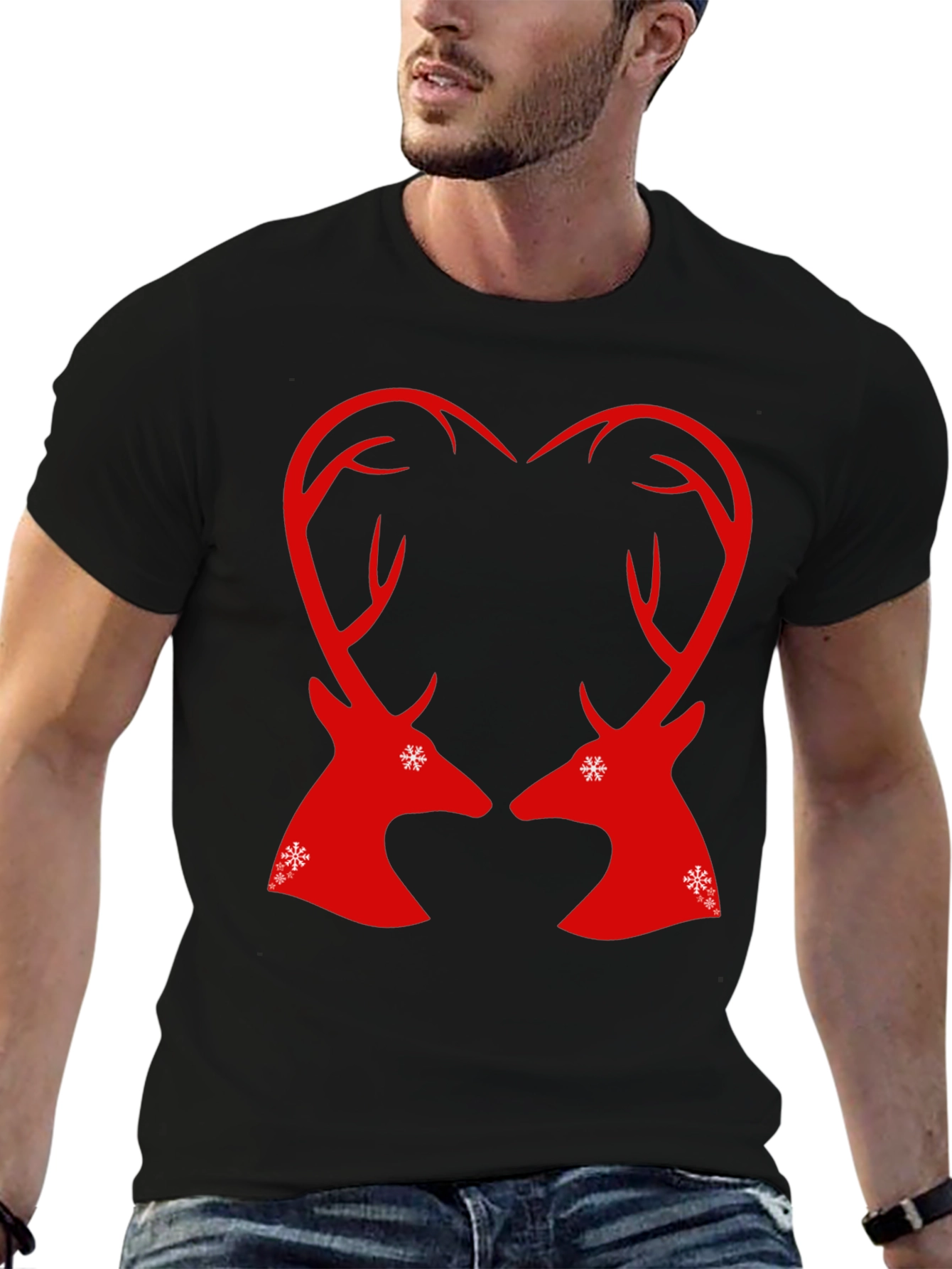 Festive Reindeer Heart Graphic Tee - Black