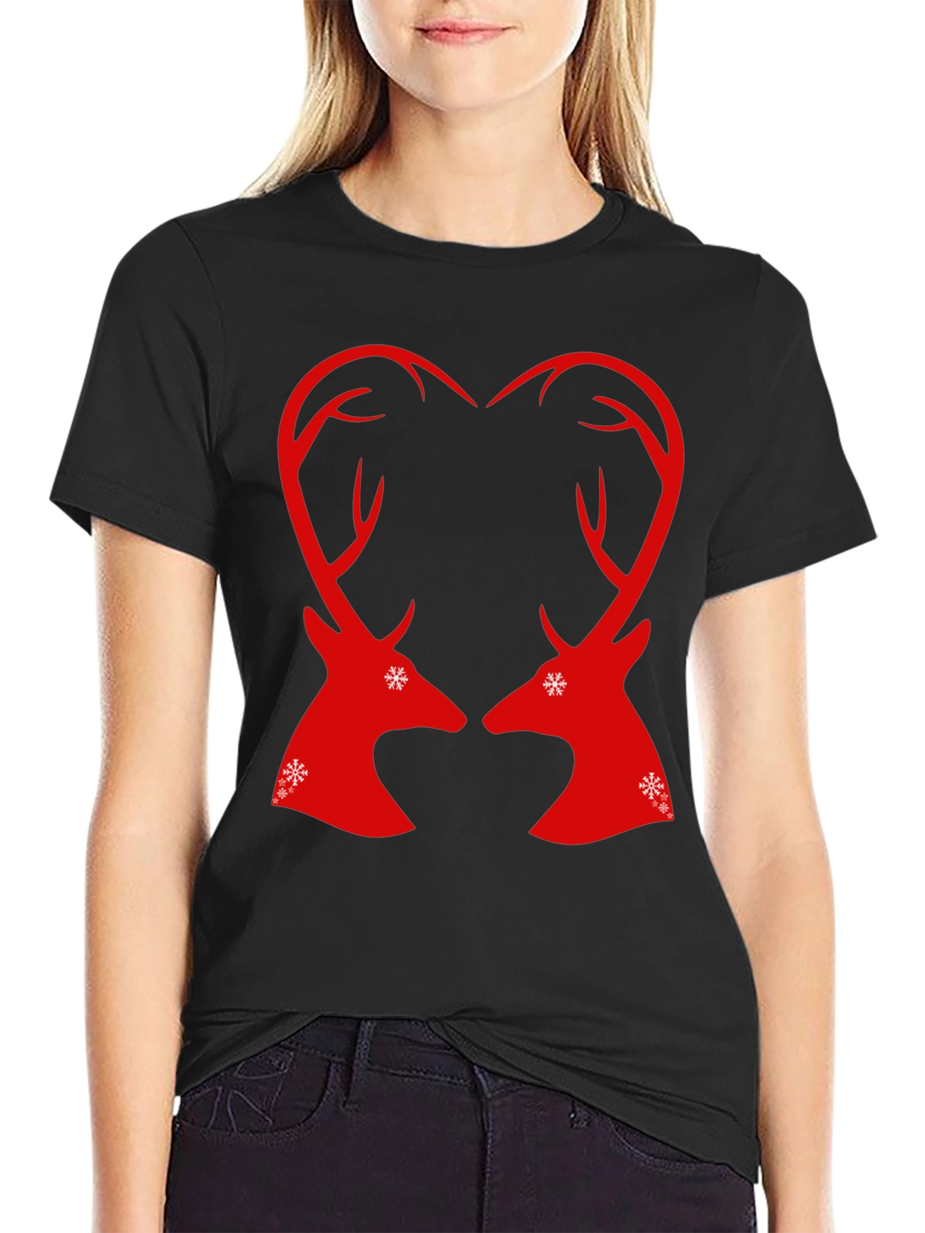Festive Reindeer Heart Graphic Tee - Black
